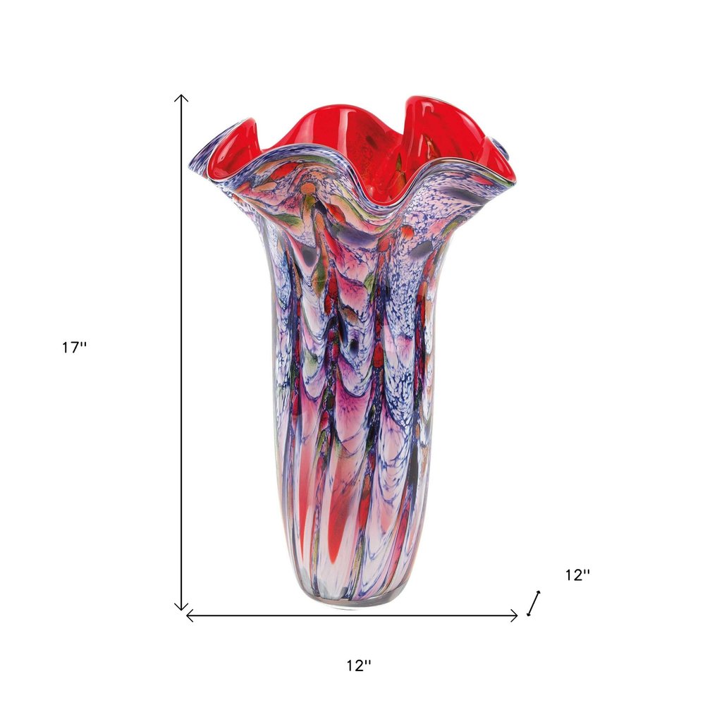 17" Blue Red And White Abstract Wavy Murano Glass Table Vase