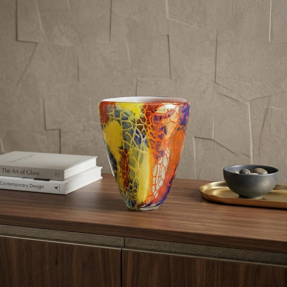 8" Orange Red and Yellow Murano Glass Abstract Oval Table Vase