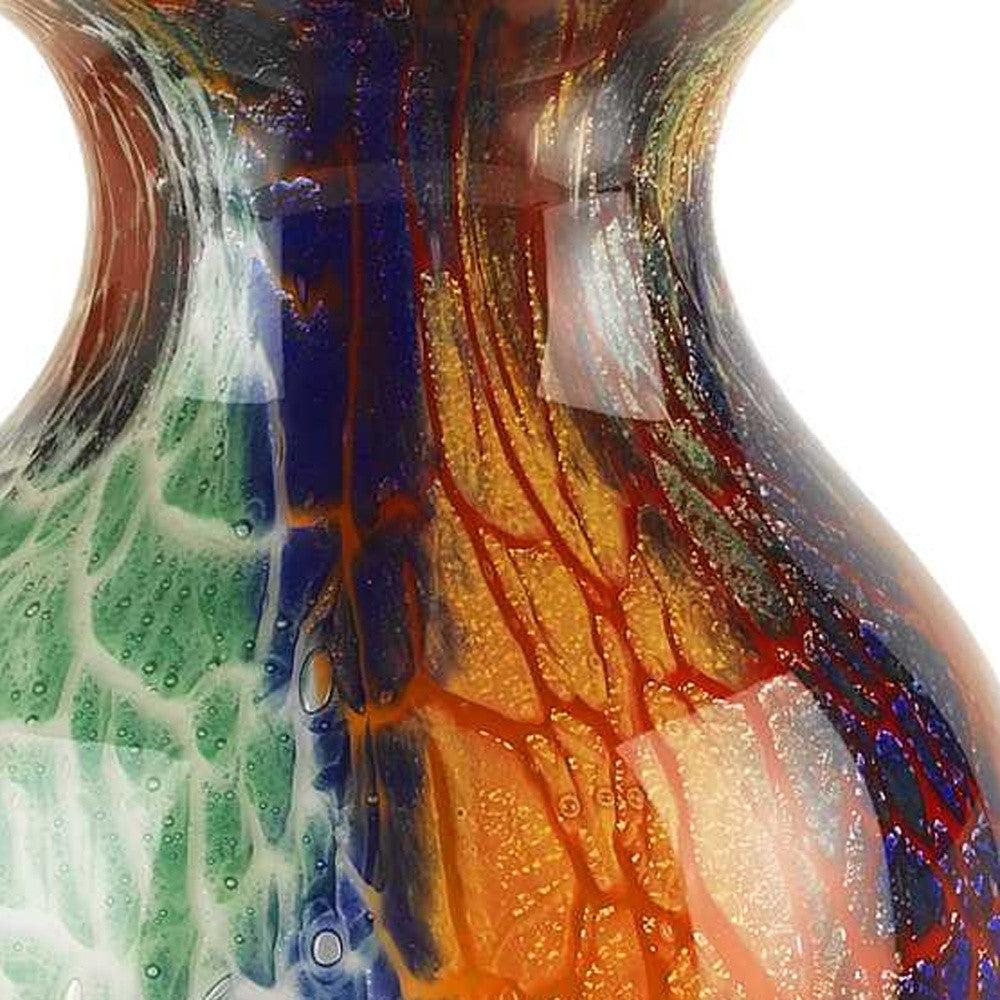 11" Blue Green And Orange Urn Murano Glass Table Vase
