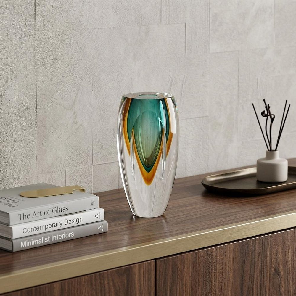6" Clear Amber and Green Abstract Murano Glass Table Vase