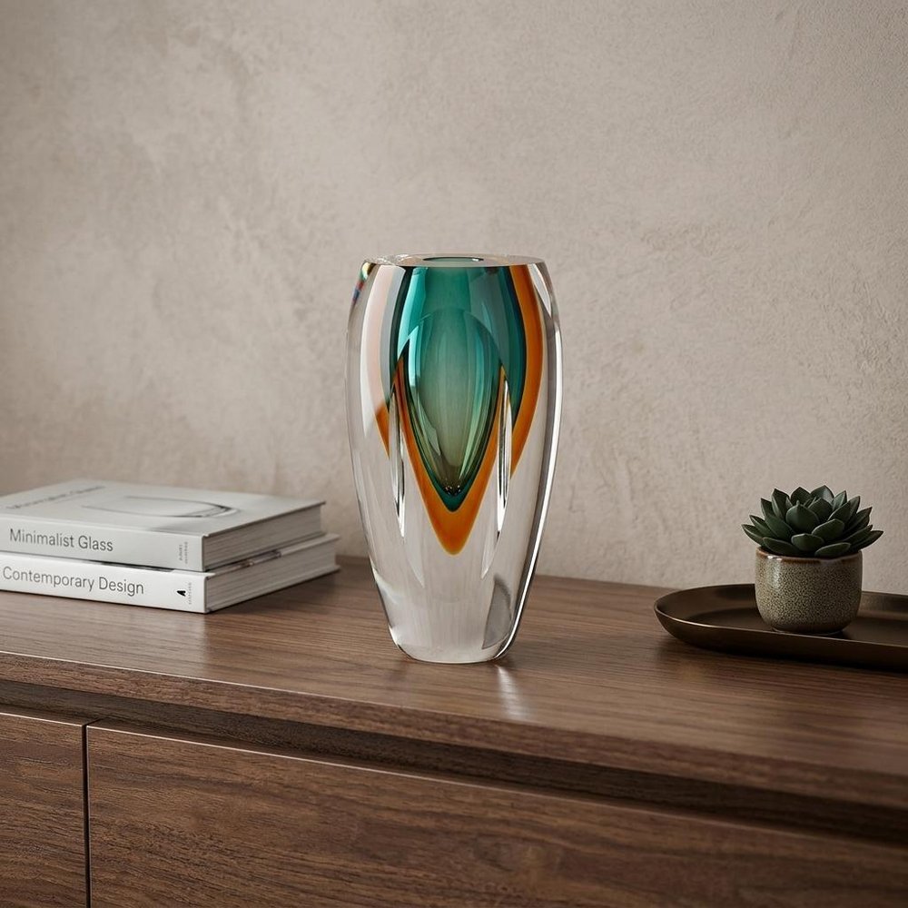 6" Clear Amber and Green Abstract Murano Glass Table Vase