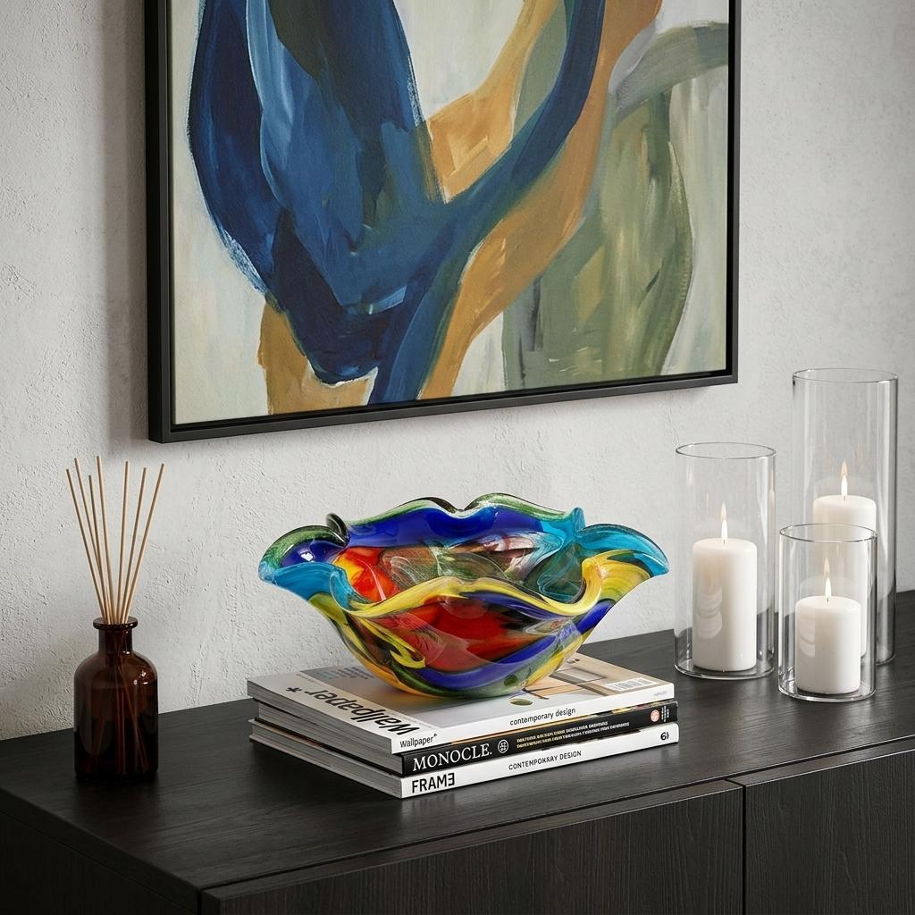 9" Rainbow Multi Colored Art Glass Centerpiece Bowl