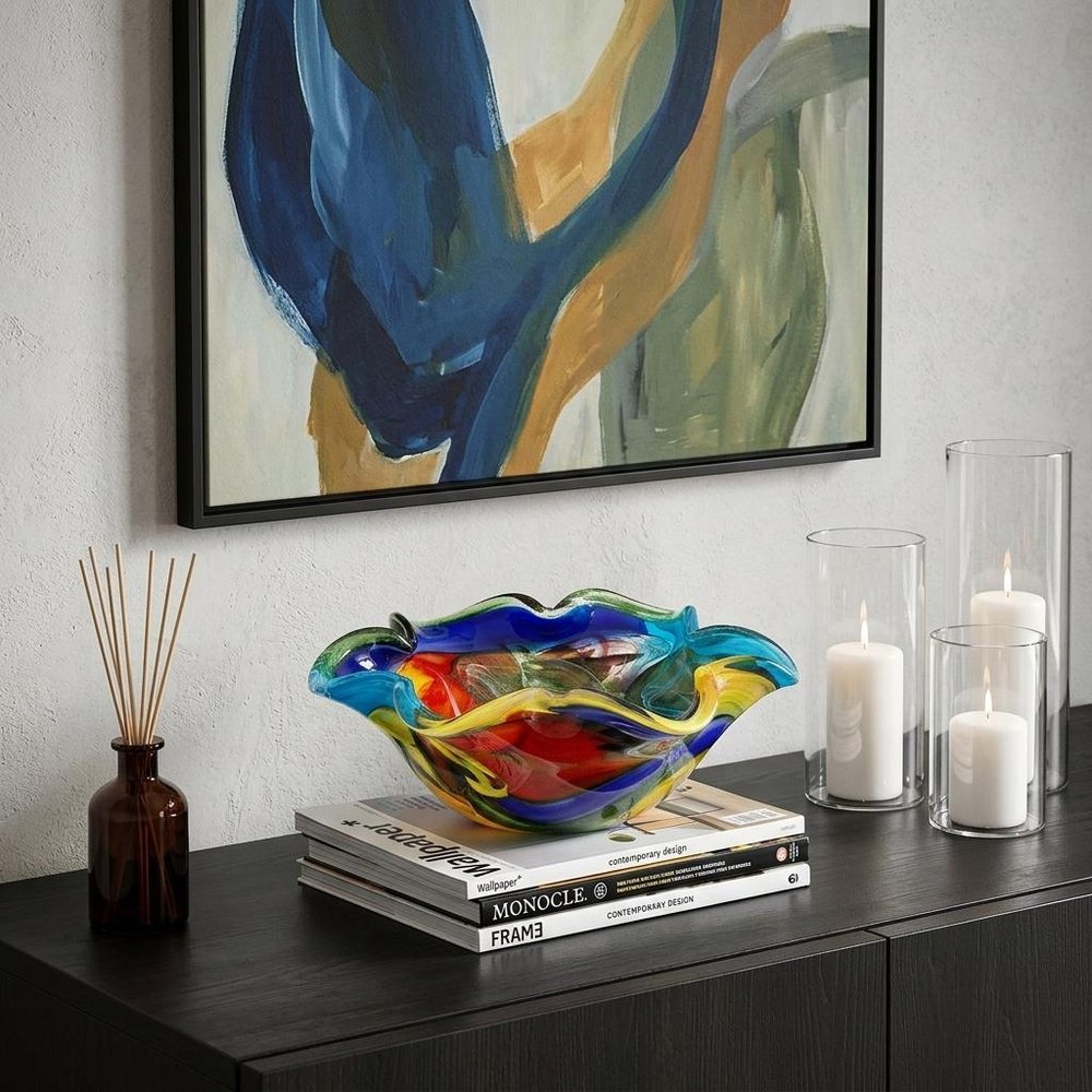 9" Rainbow Multi Colored Art Glass Centerpiece Bowl