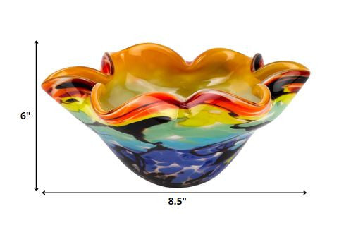 9" Rainbow Multi Art Glass Wavy Centerpiece Bowl