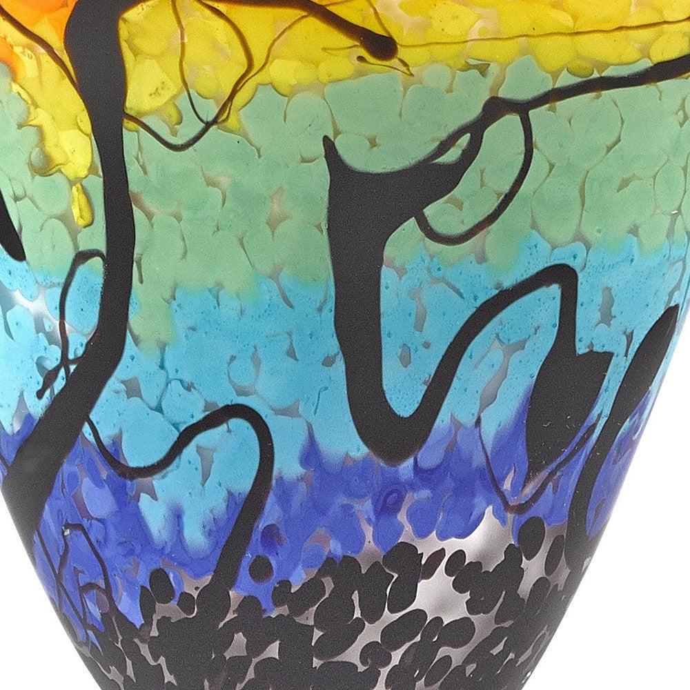 8" Red Orange Blue And Black Blue Abstract Oval Murano Glass Table Vase