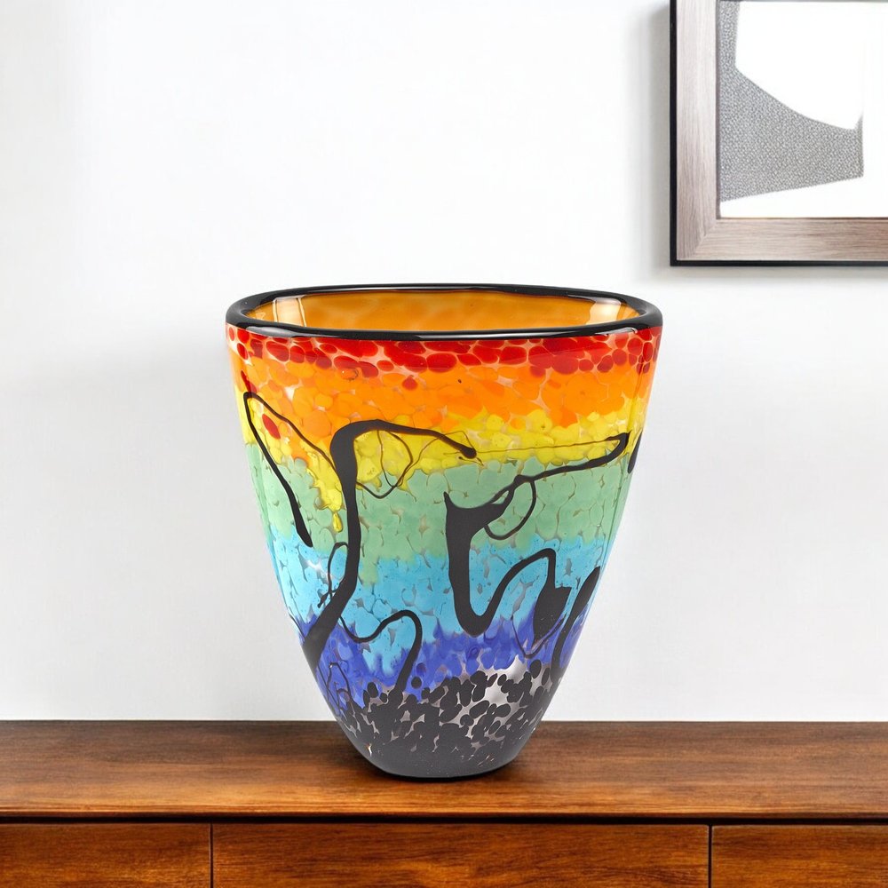 8" Red Orange Blue And Black Blue Abstract Oval Murano Glass Table Vase
