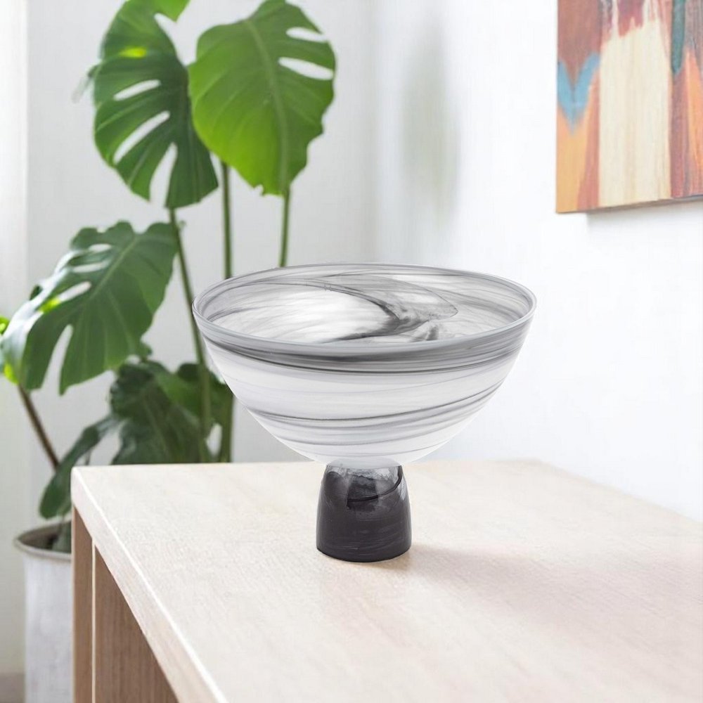 10" Black and Gray Swirl Mouth Blown Glass Footed Centerpiece Bowl