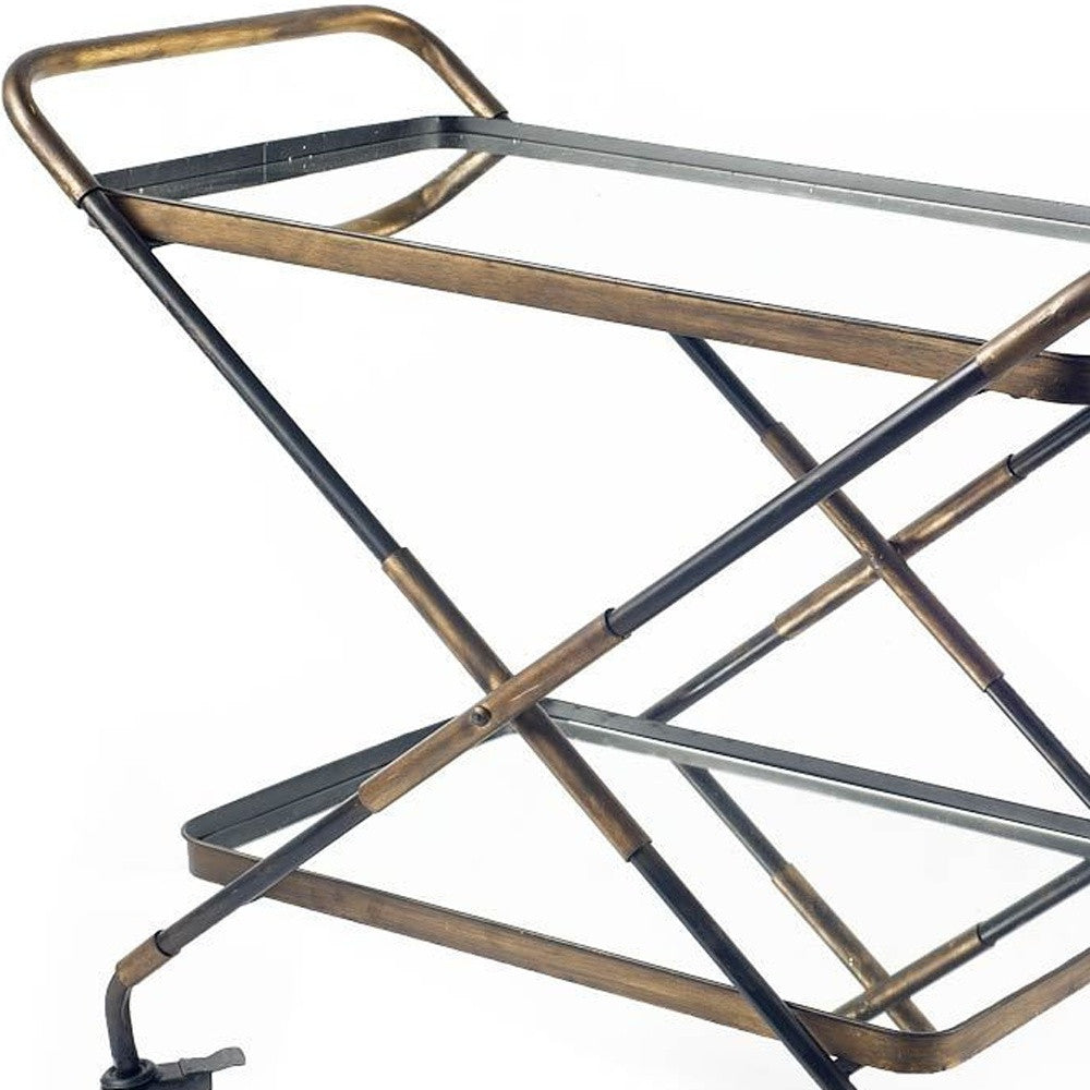 Rectangular Black And Gold Metal With Mirror Glass Shelves Bar Cart