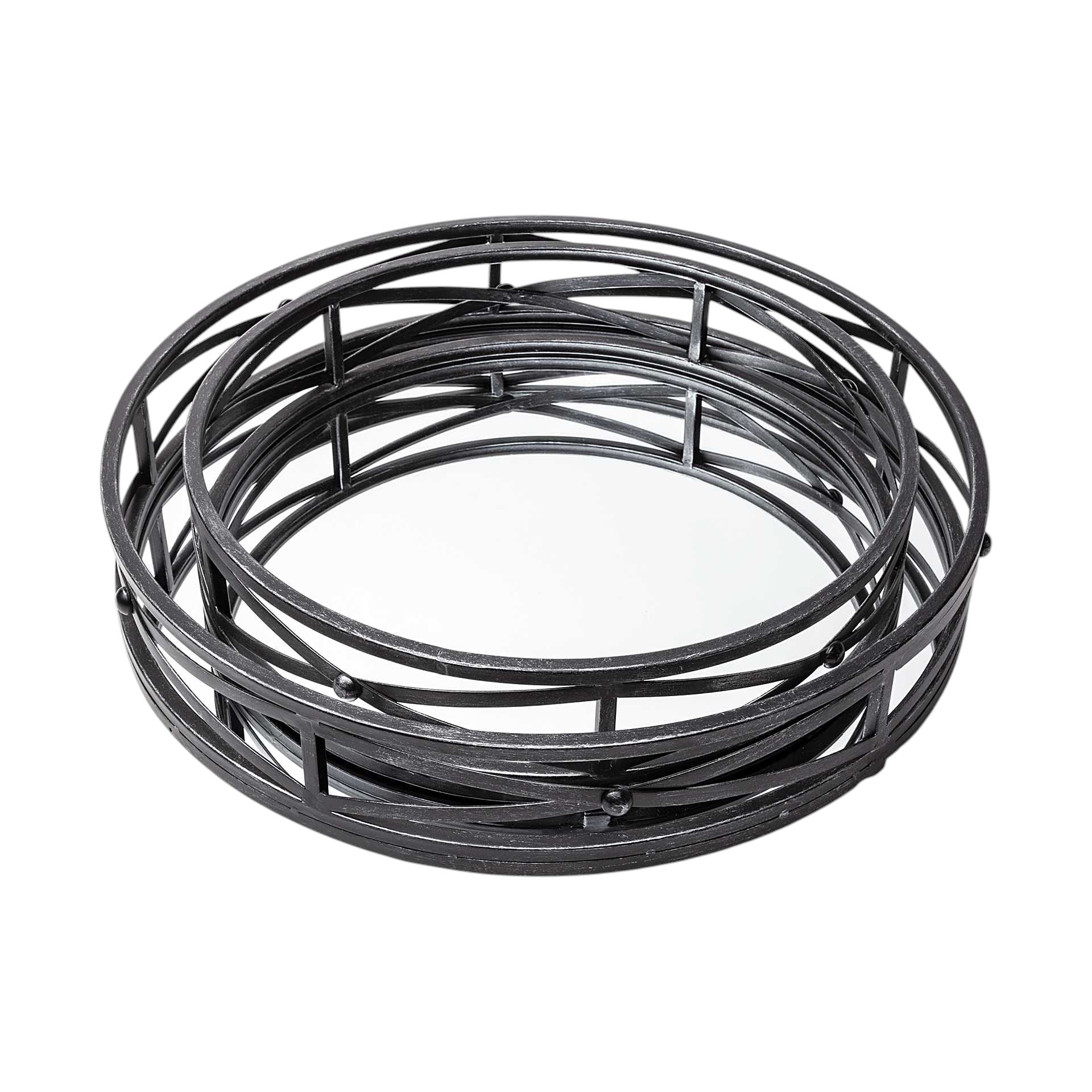 Set of Two Black Round Metal And Mirrored Glass Vanity Trays