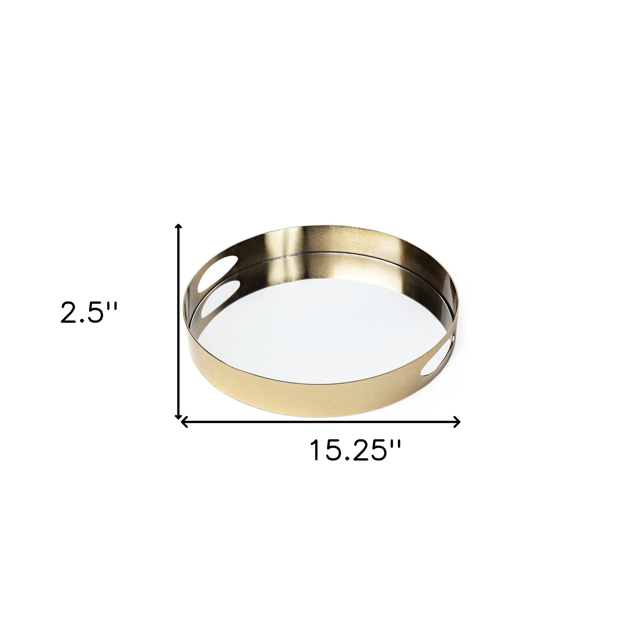 15" Gold And Mirrored Glass Round Metal Tray With Handles