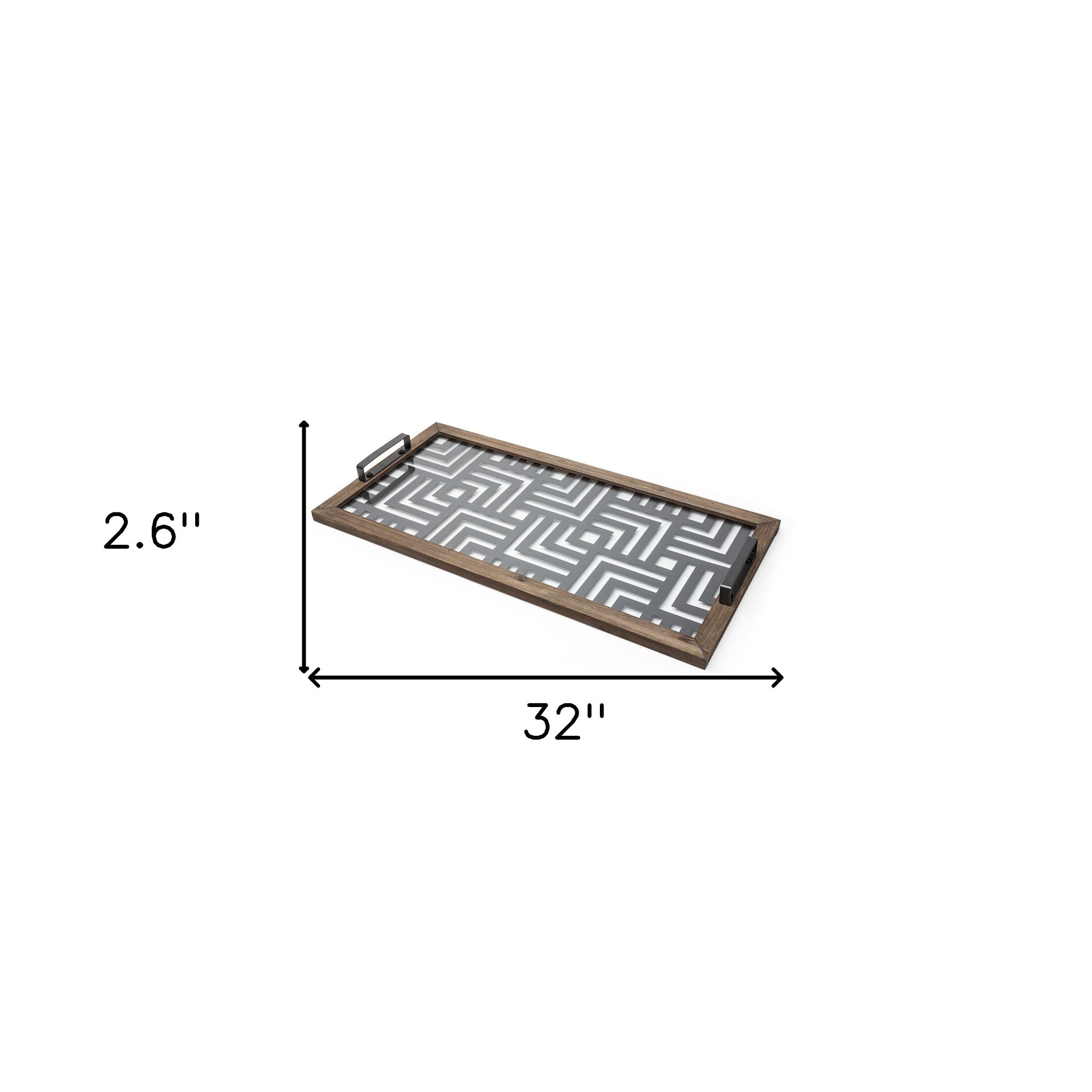 32" Brown and Black Glass Metal And Wood Geometric Serving Tray With Handles
