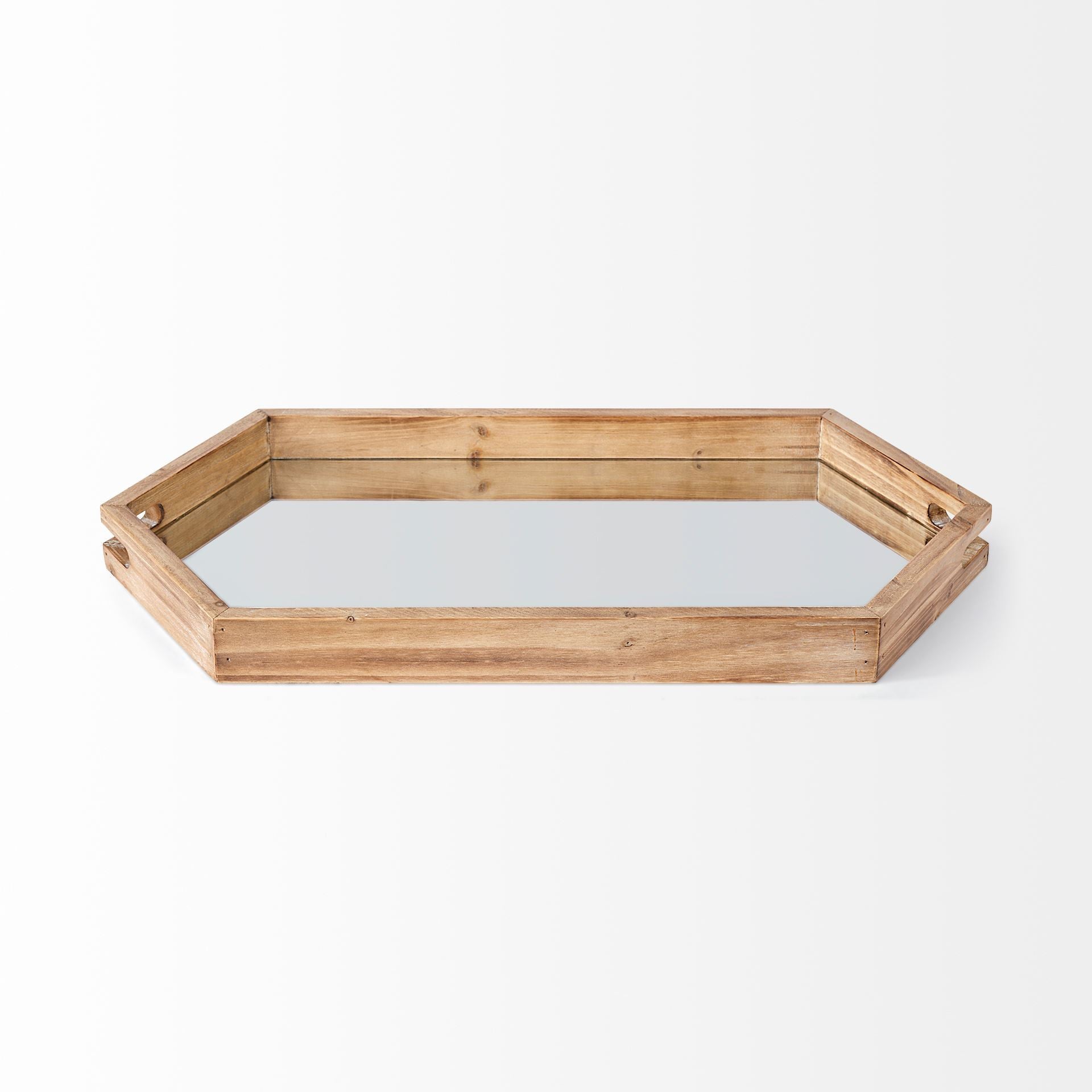 Natural Polished Wood Mirror Glass Lined Top Tray