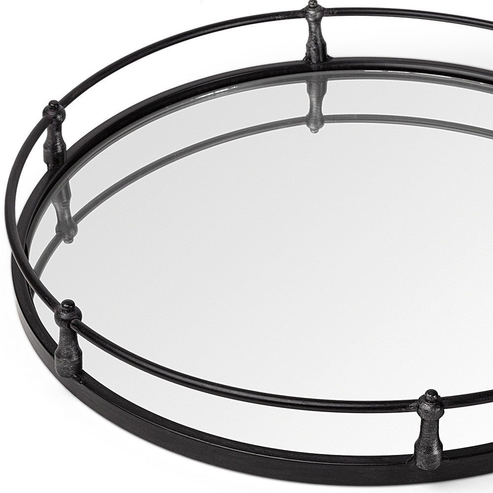 24" Natural Finish Metal With Mirrored Glass Bottom Round Tray