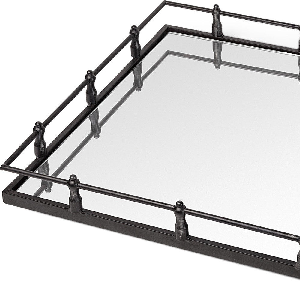 Natural Finish Metal With Mirrored Glass Bottom And Railing Handle Tray