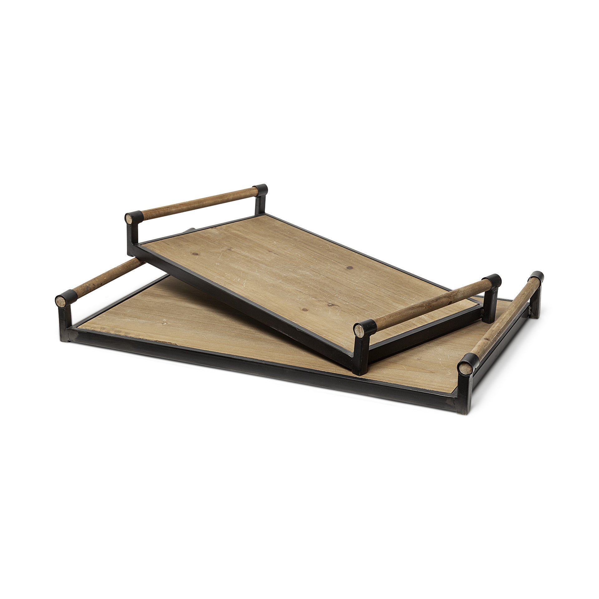 Set Of 2 Light Brown Wood With Matte Black Metal Frame And Two Handles Trays