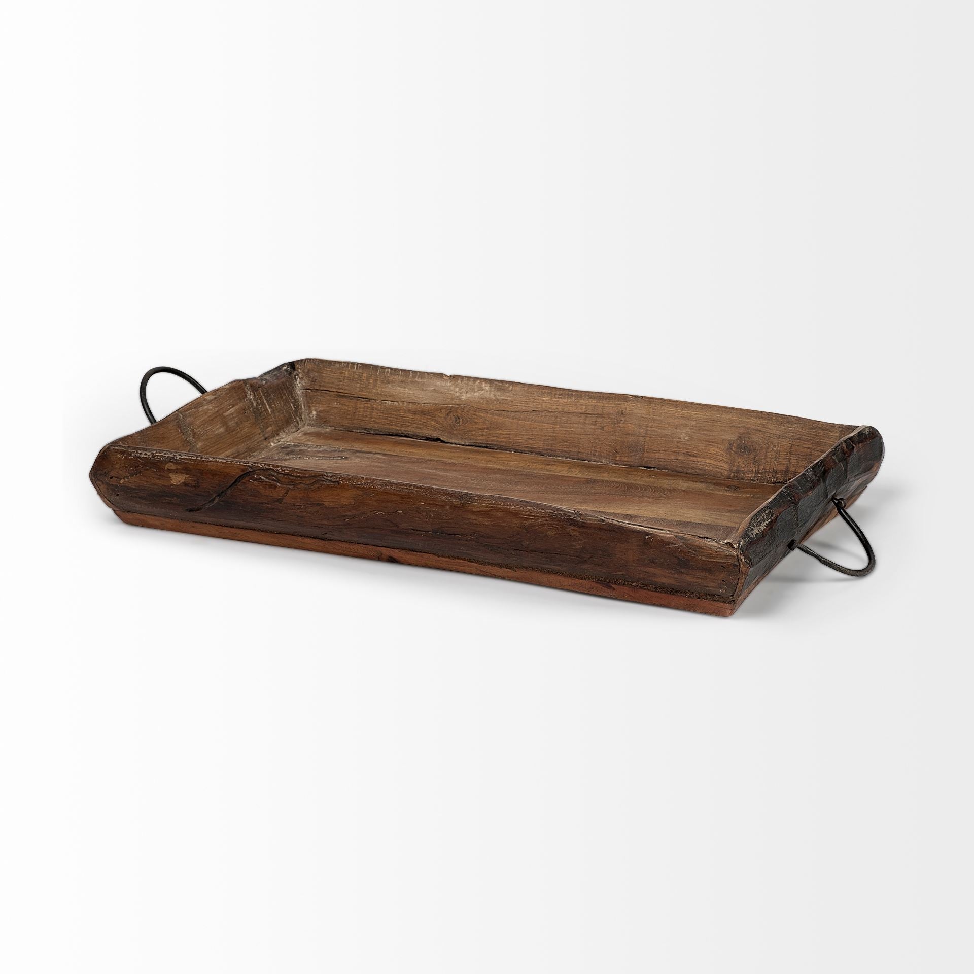 Set Of 2 Medium Brown Recycled Wood With Flaunt Metal Handles Trays