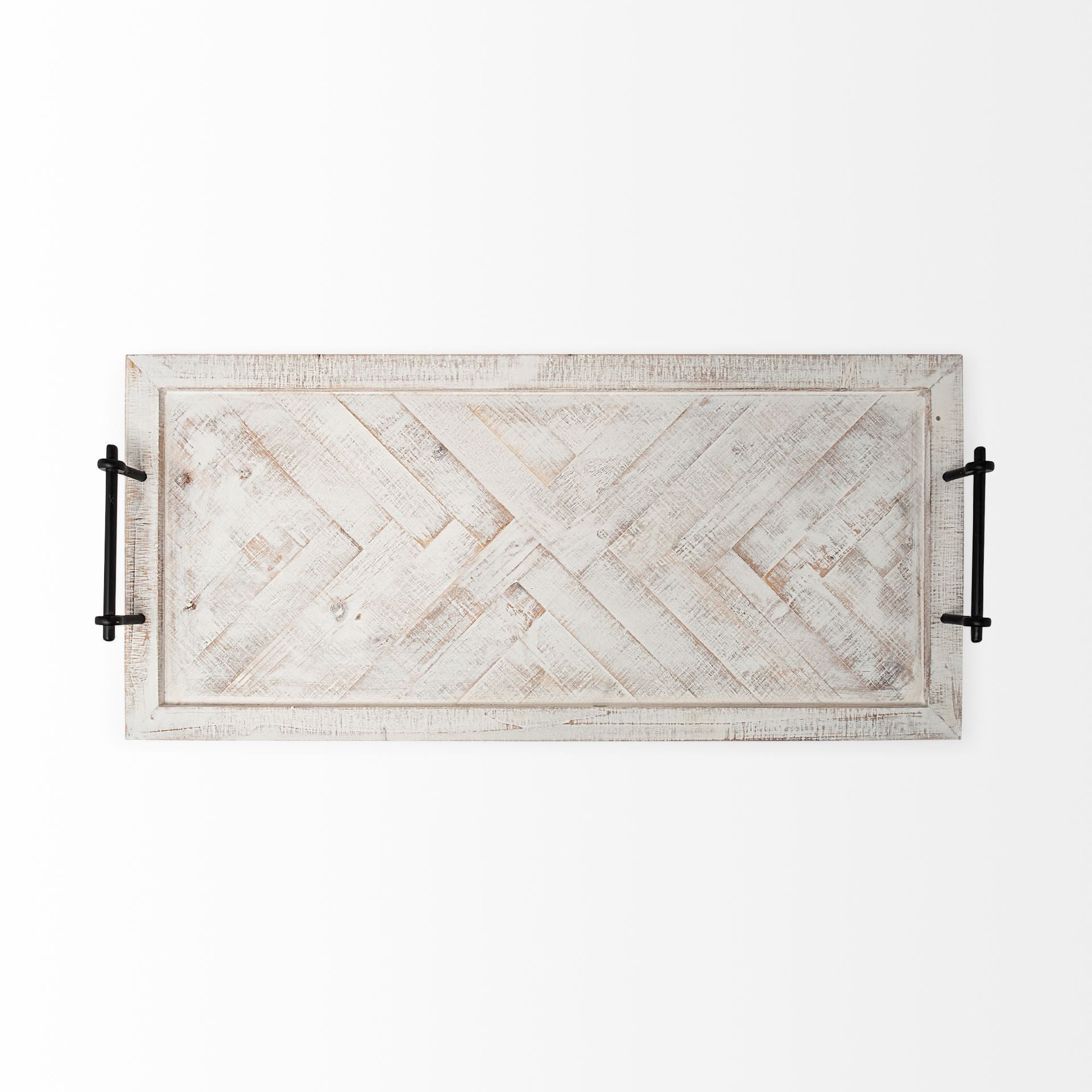 35" White and Natural Wood Indoor Outdoor Tray With Handles