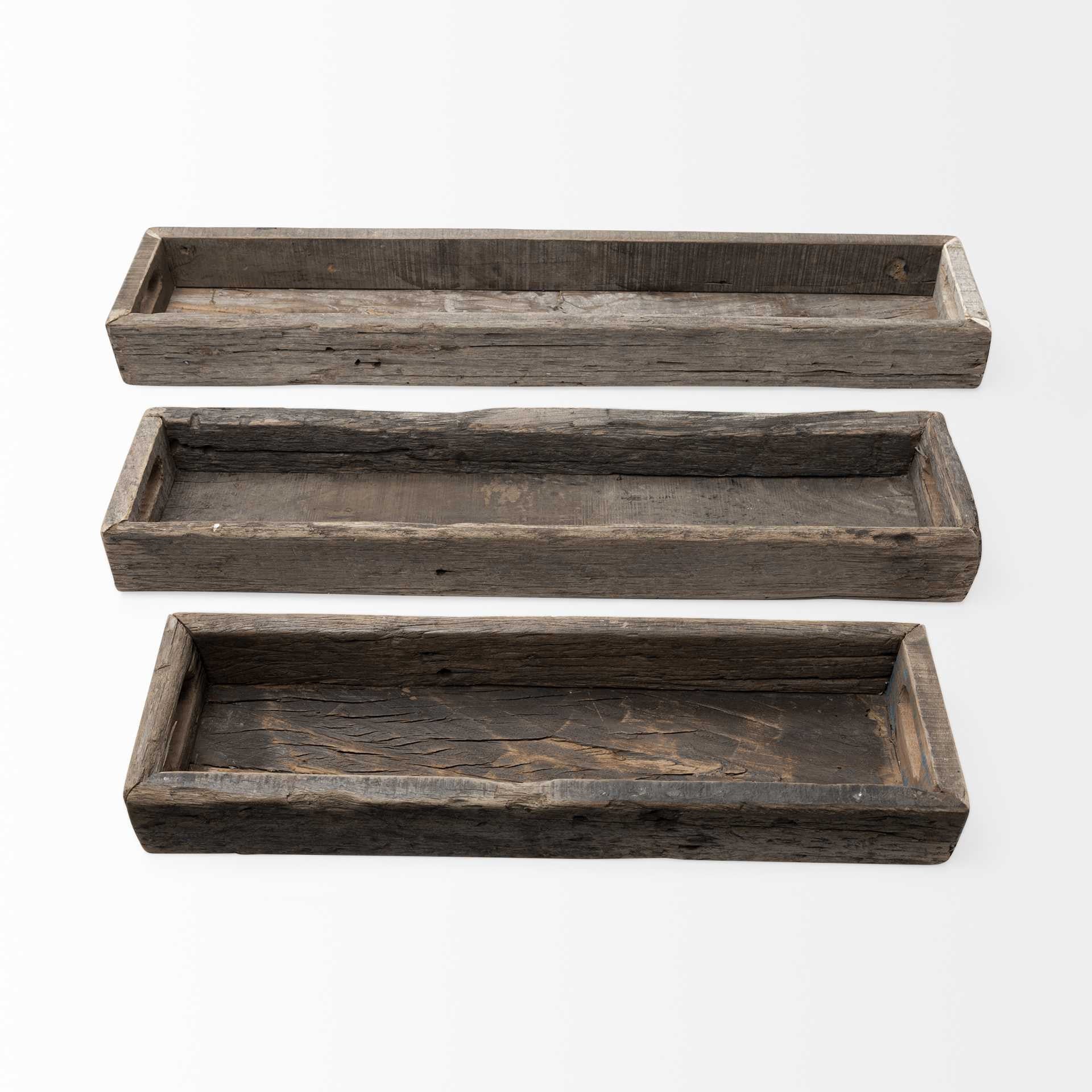 30" Brown Wood Indoor Outdoor Tray With Handles