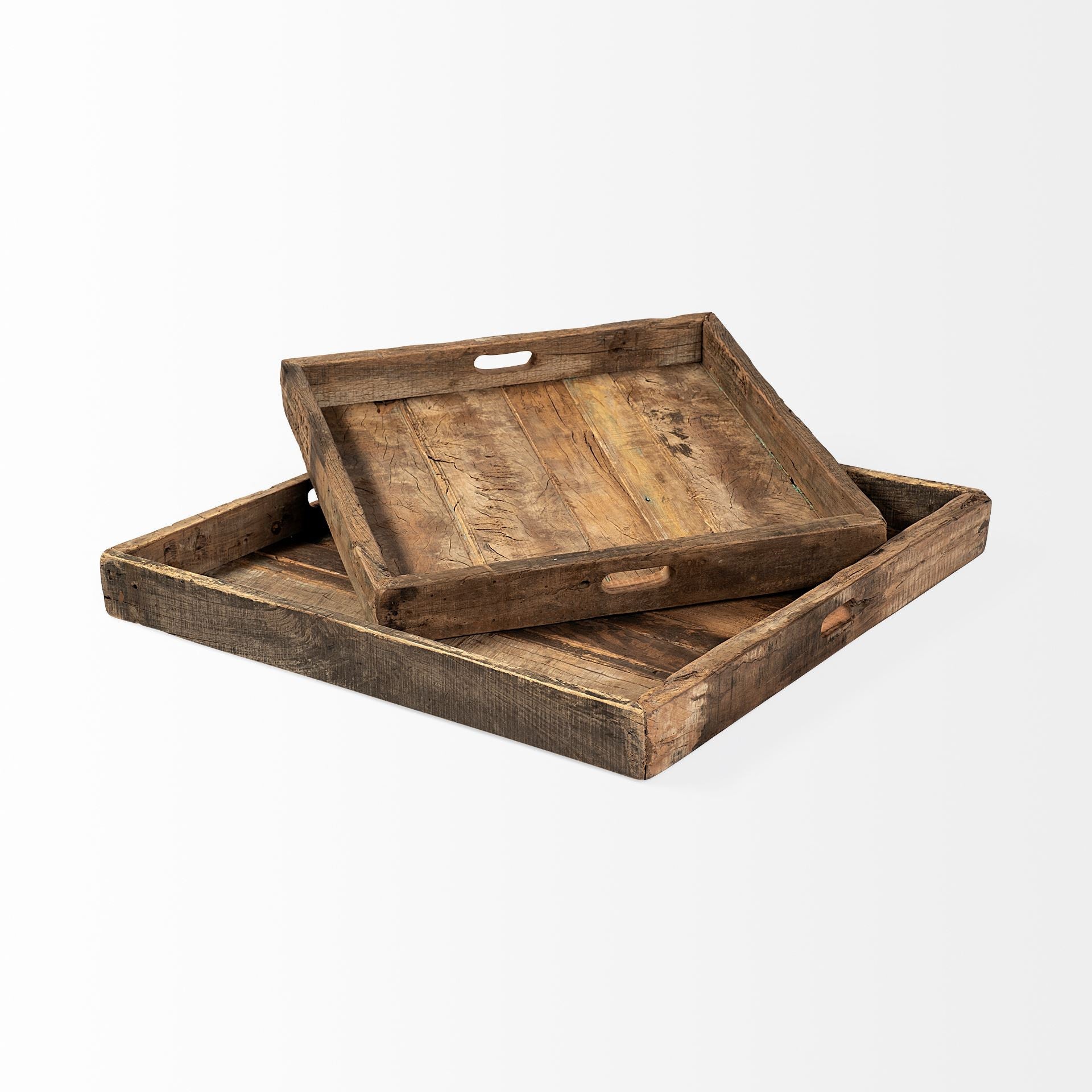 24" Brown Square Reclaimed Wood Tray With Handles