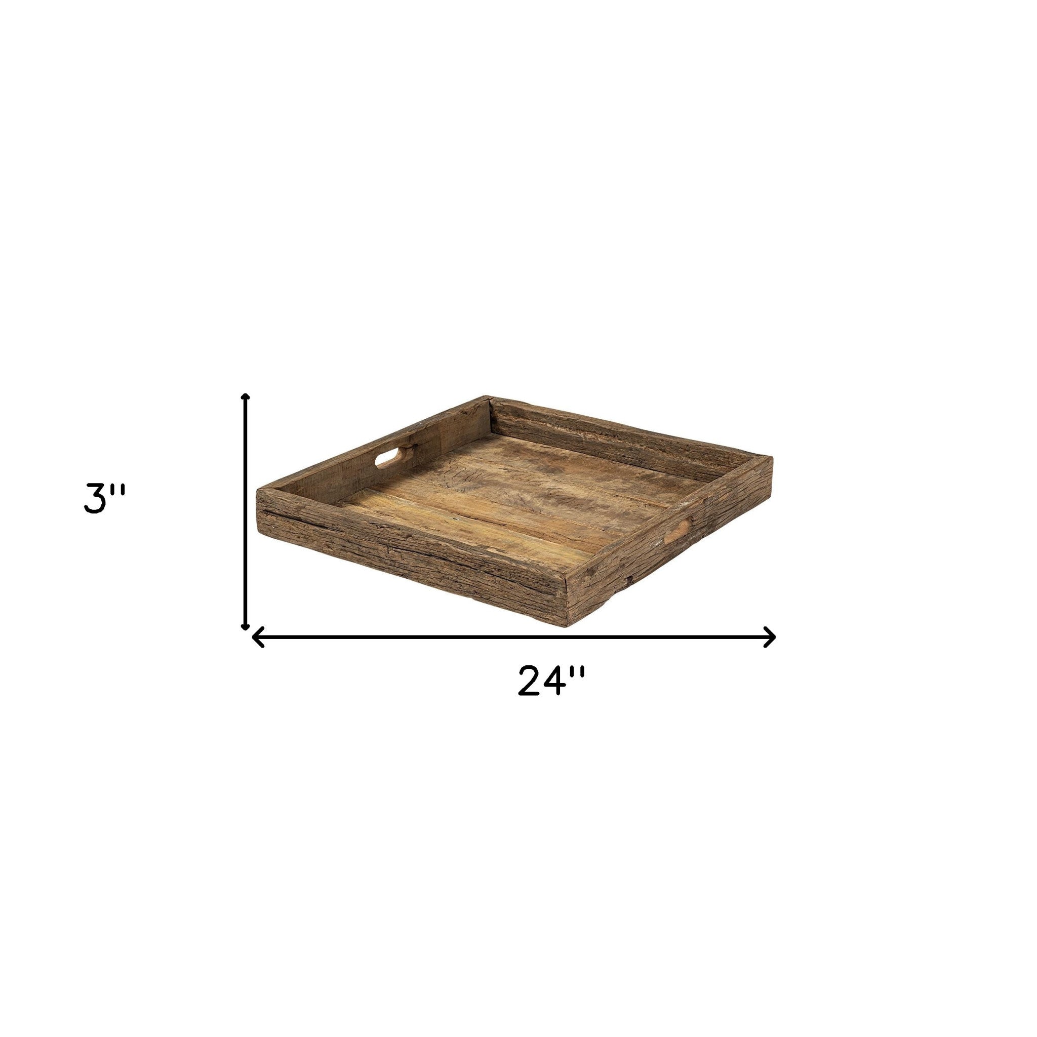 24" Brown Square Reclaimed Wood Tray With Handles