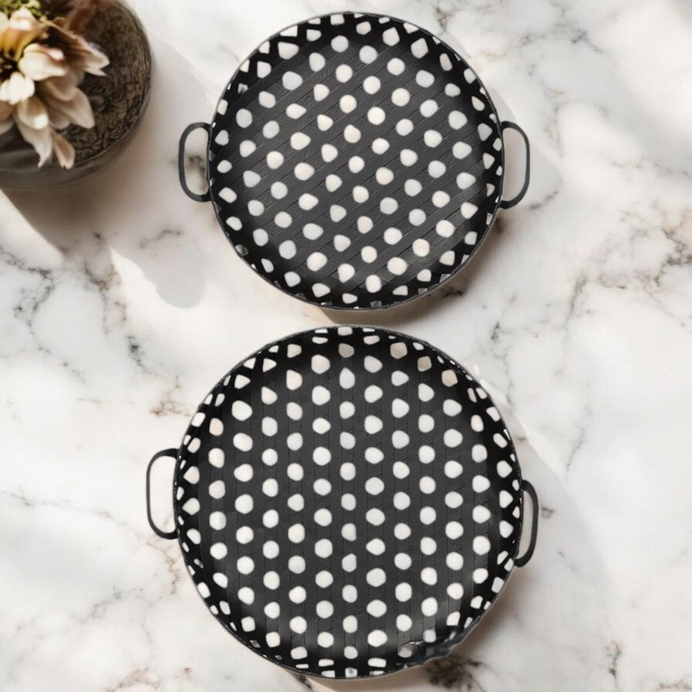 Set of Two Black Round Metal Indoor Outdoor Tray With Handles