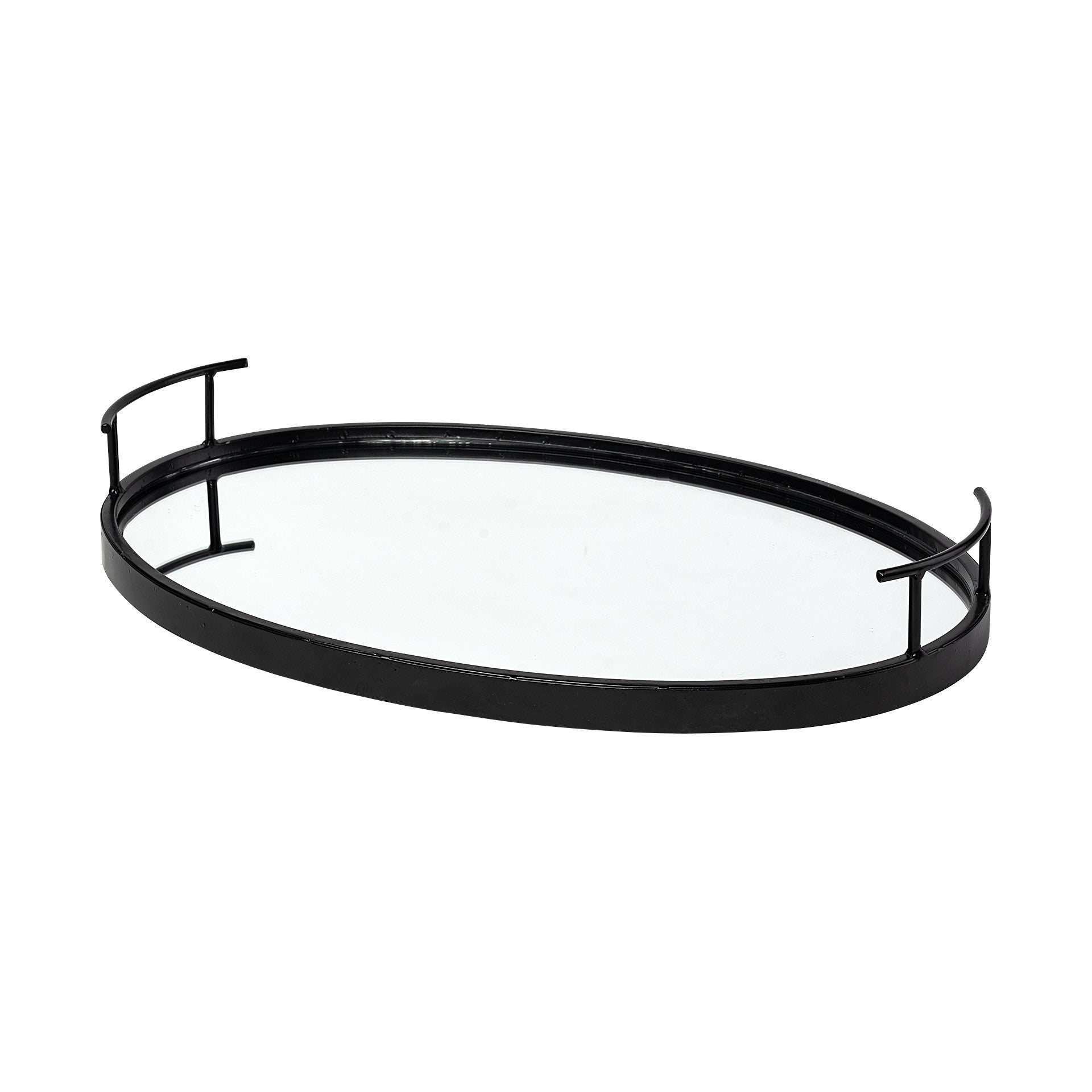 20" Black Metal And Mirrored Glass Oval Vanity Tray With Handles