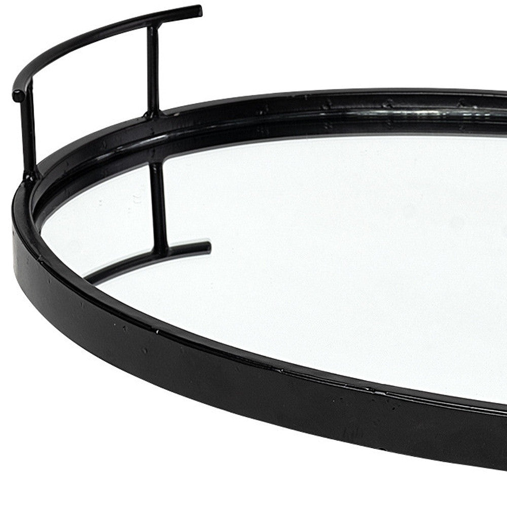 20" Black Metal And Mirrored Glass Oval Vanity Tray With Handles