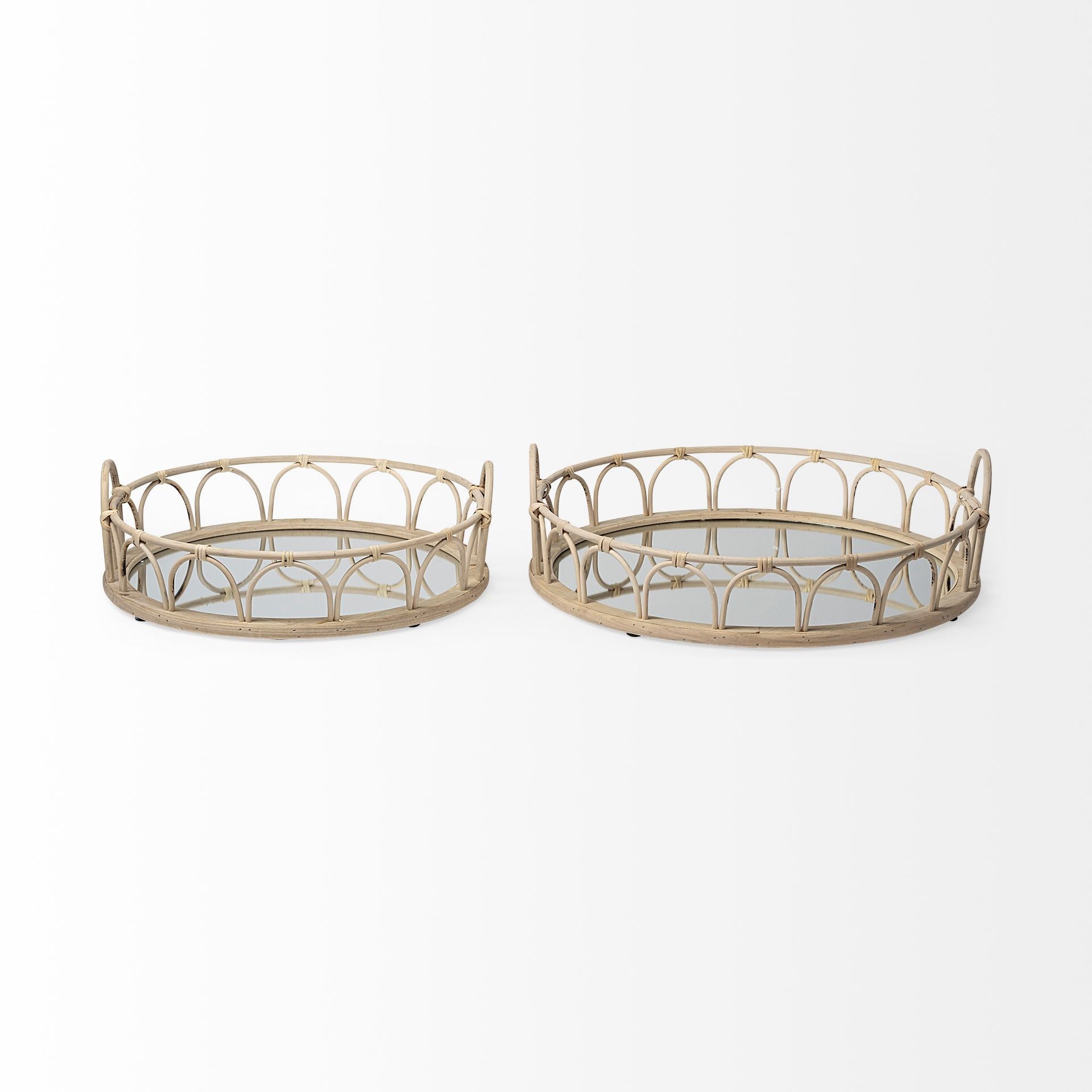 Set Of 2 20" Natural Blonde Wood With Intricately Railings And Mirrored Glass Bottom Round Tray