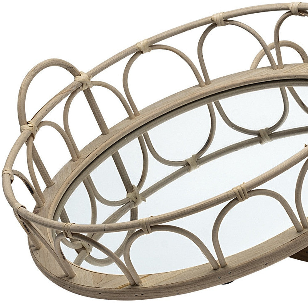 Set Of 2 20" Natural Blonde Wood With Intricately Railings And Mirrored Glass Bottom Round Tray