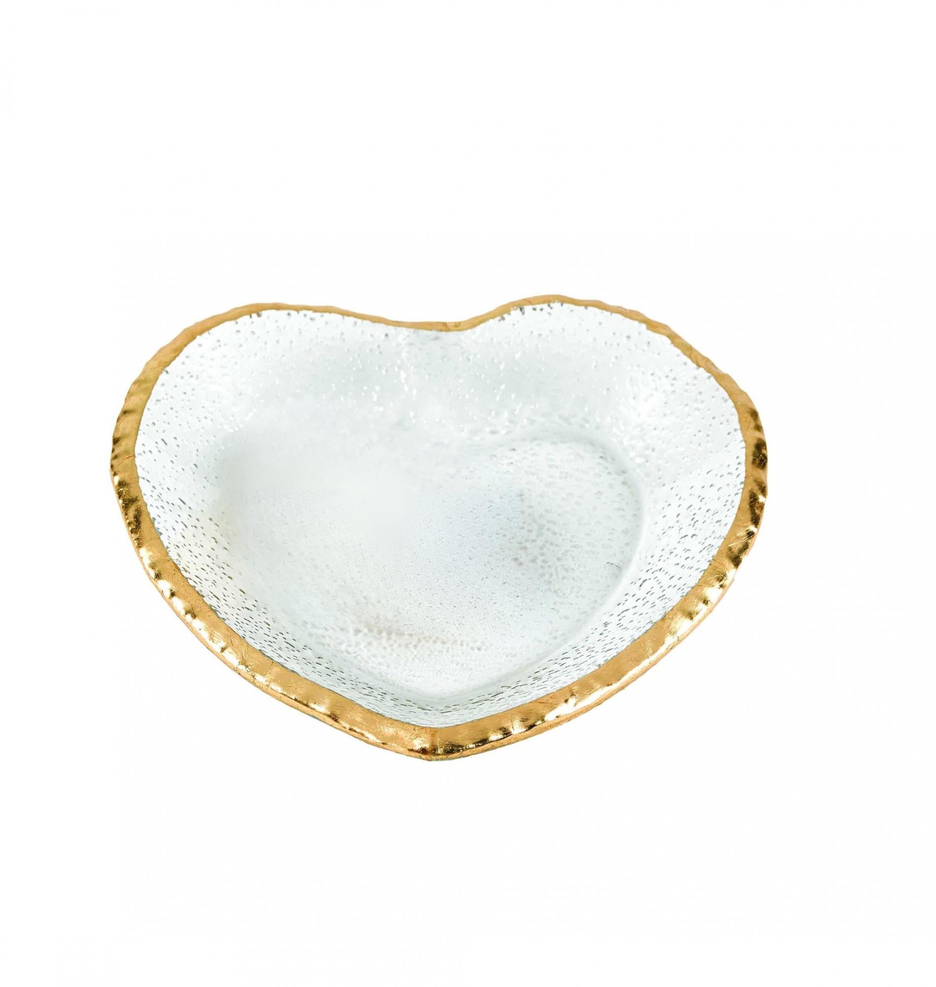8" Mouth Blown Seeded Glass Heart Plate with Gold Rim