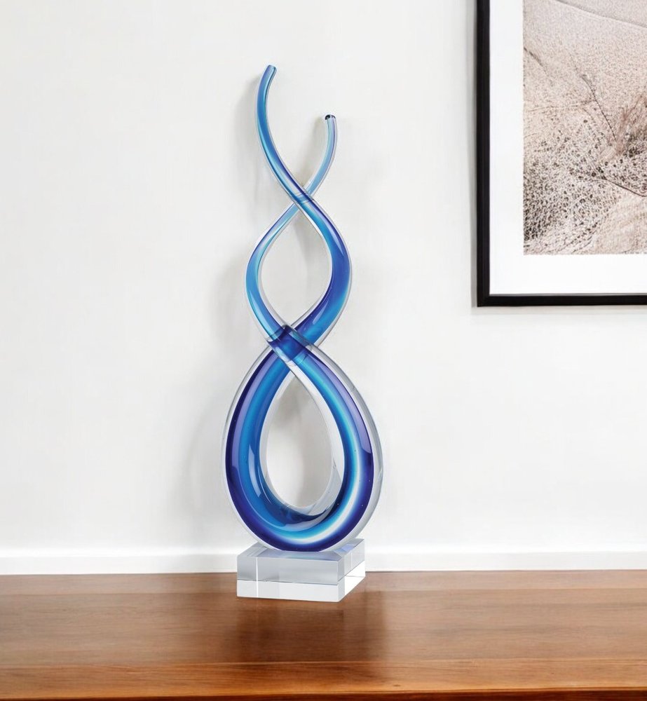 14" Clear and Blue Murano Glass Modern Abstract Tabletop Sculpture