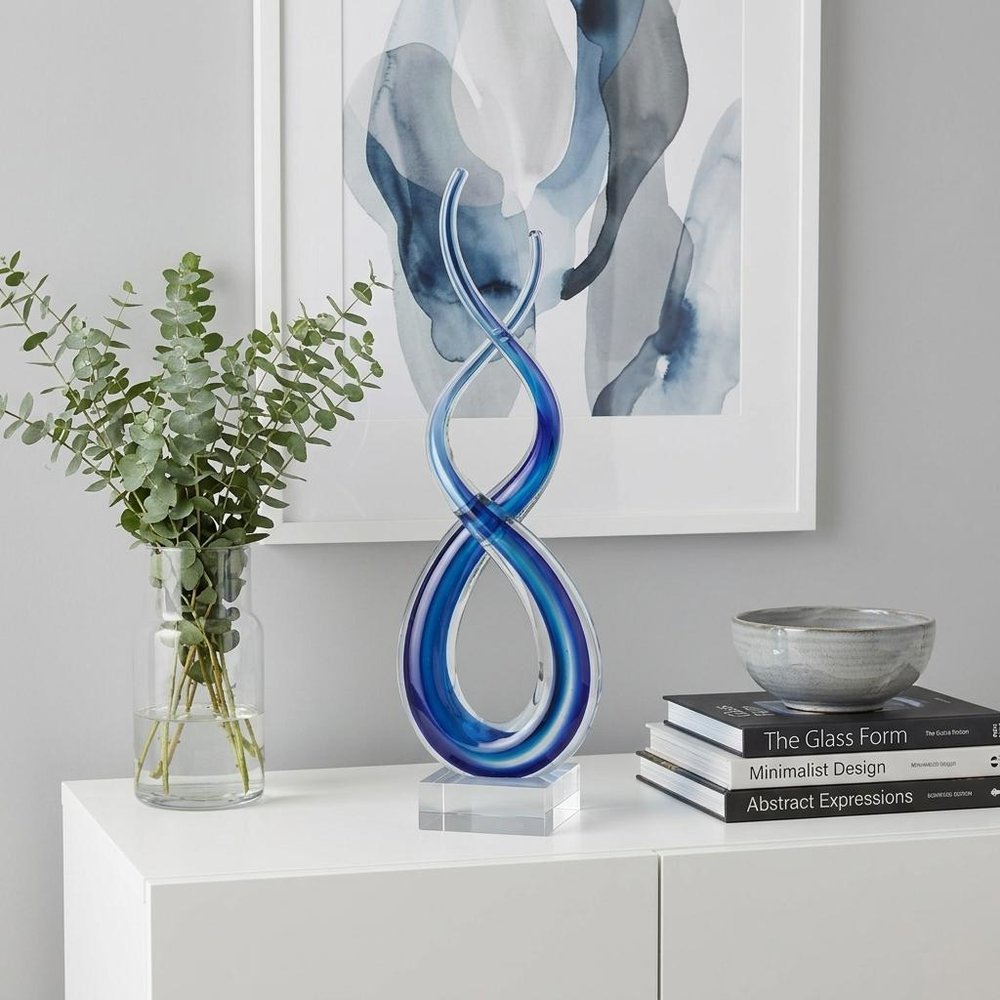 11" Clear and Blue Murano Glass Modern Abstract Tabletop Sculpture