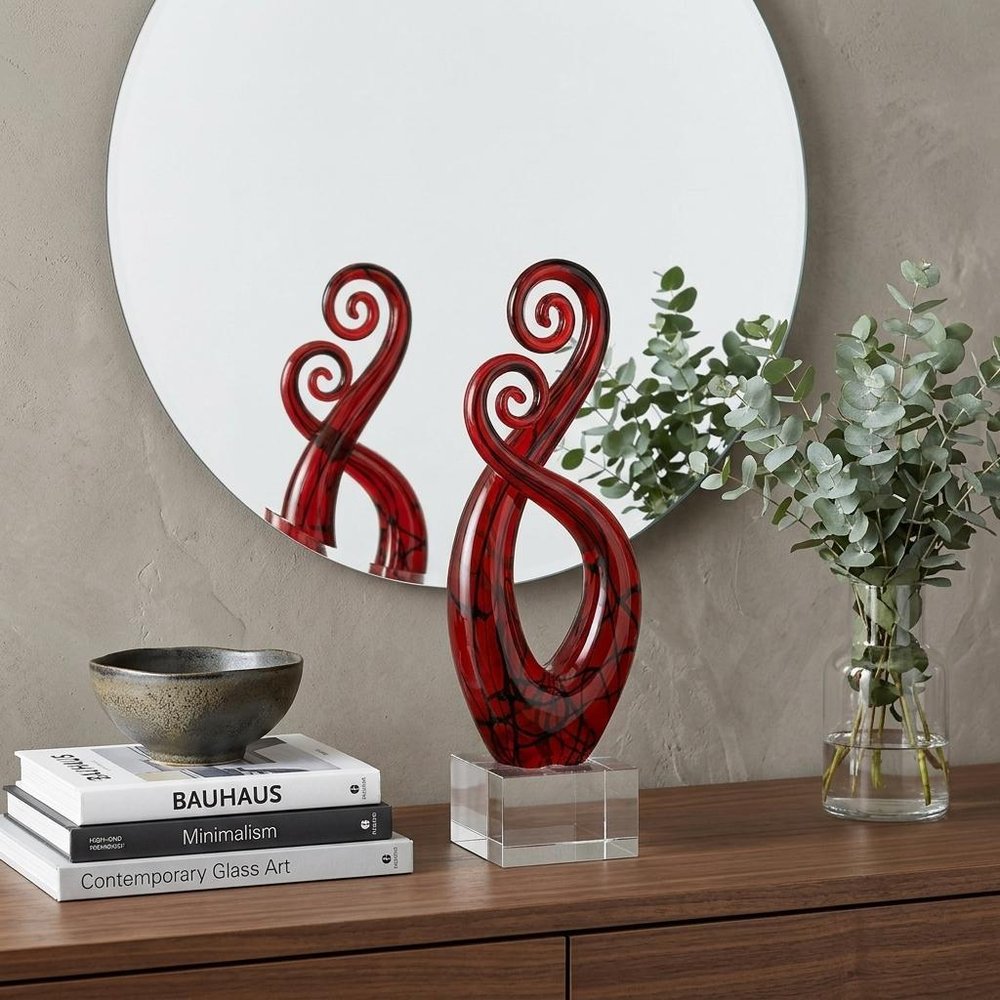 13" Clear Burgundy and Black Murano Glass Modern Abstract Tabletop Sculpture