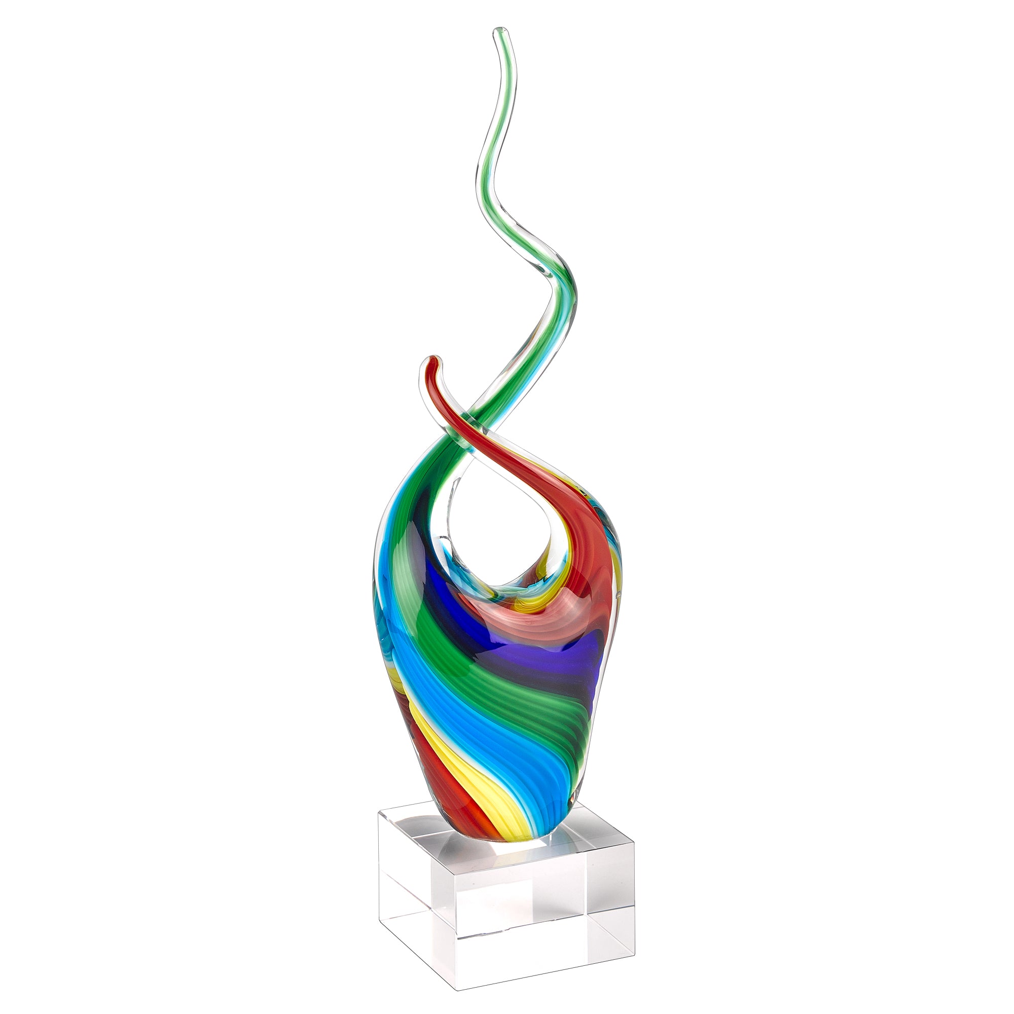14" Clear Red Blue Yellow Murano Glass Modern Abstract Tabletop Sculpture