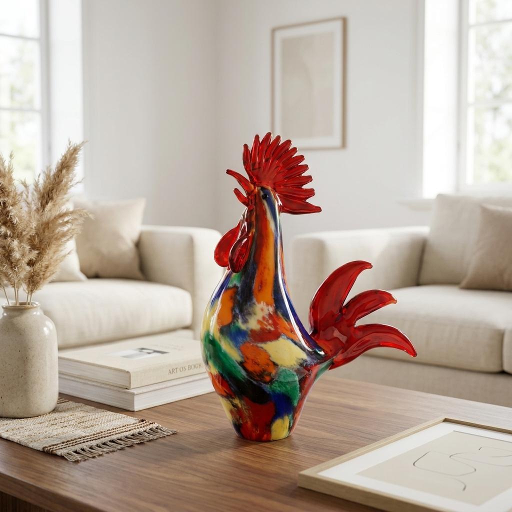 11" Red Murano Glass Rooster Figurine Tabletop Sculpture