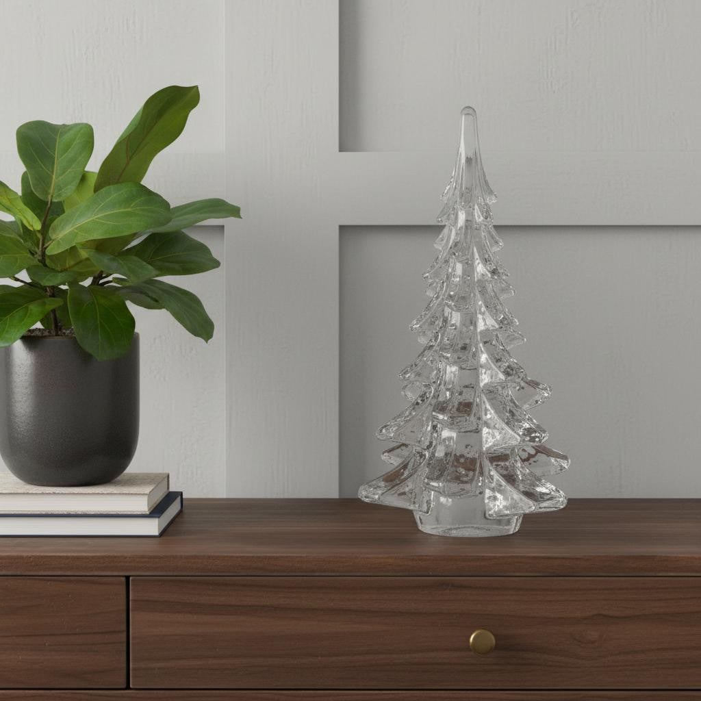 12" Mouth Blown Clear Glass Christmas Tree Sculpture