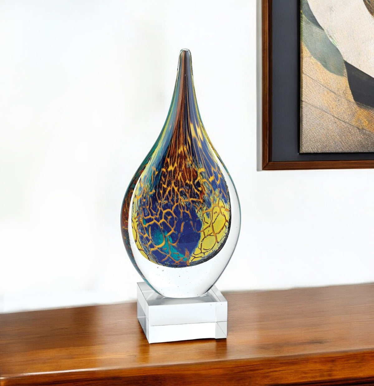 13" Blue and Yellow Murano Glass Modern Abstract Tabletop Sculpture