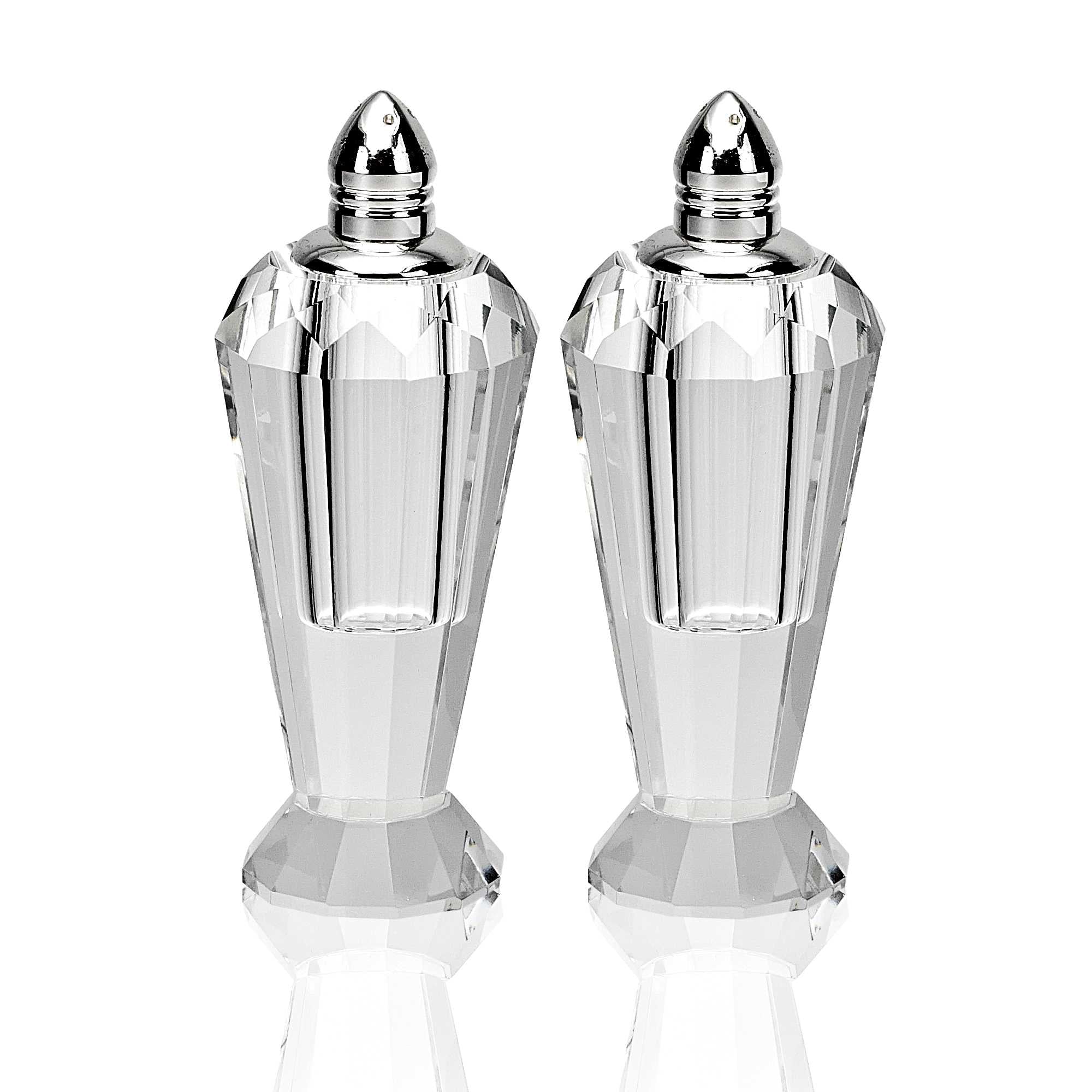 Set of Two Clear And Silver Crystal Geometric Pepper Shakers
