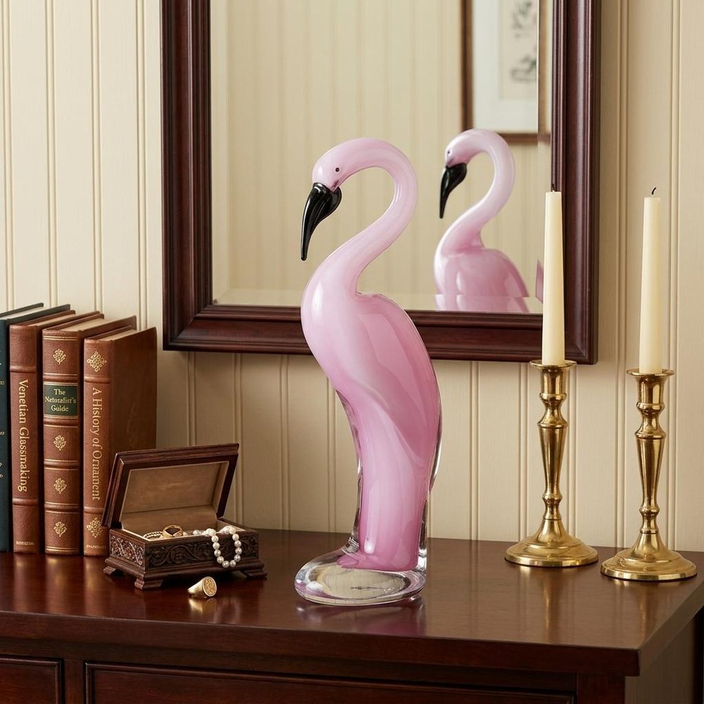 15" Pink Murano Glass Flamingo Figurine Tabletop Sculpture