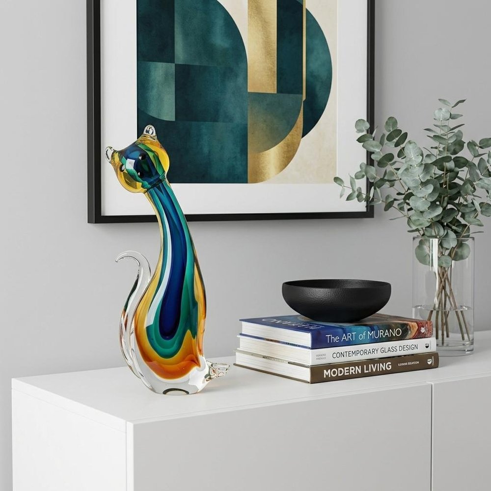 12" Clear Yellow Green Black Murano Glass Cat Figurine Tabletop Sculpture