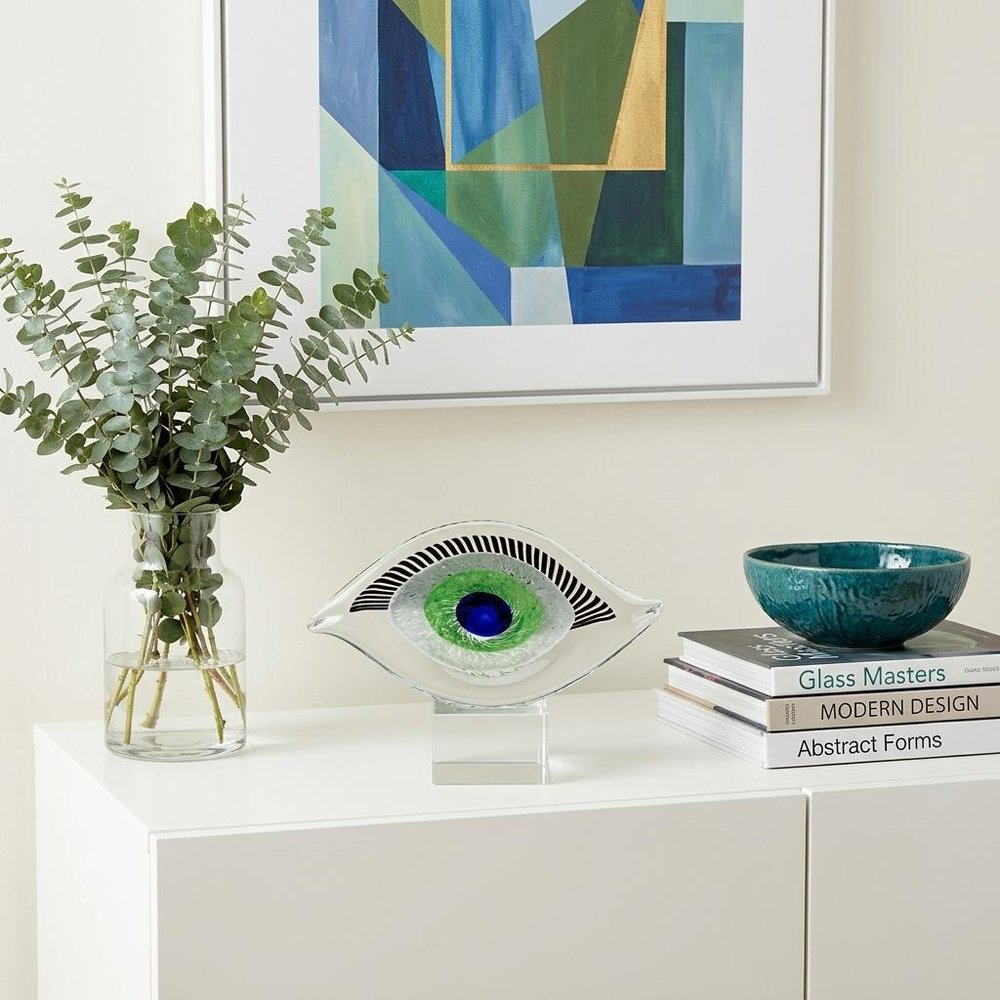 8" Clear Blue and Green Murano Glass Modern Abstract Tabletop Sculpture