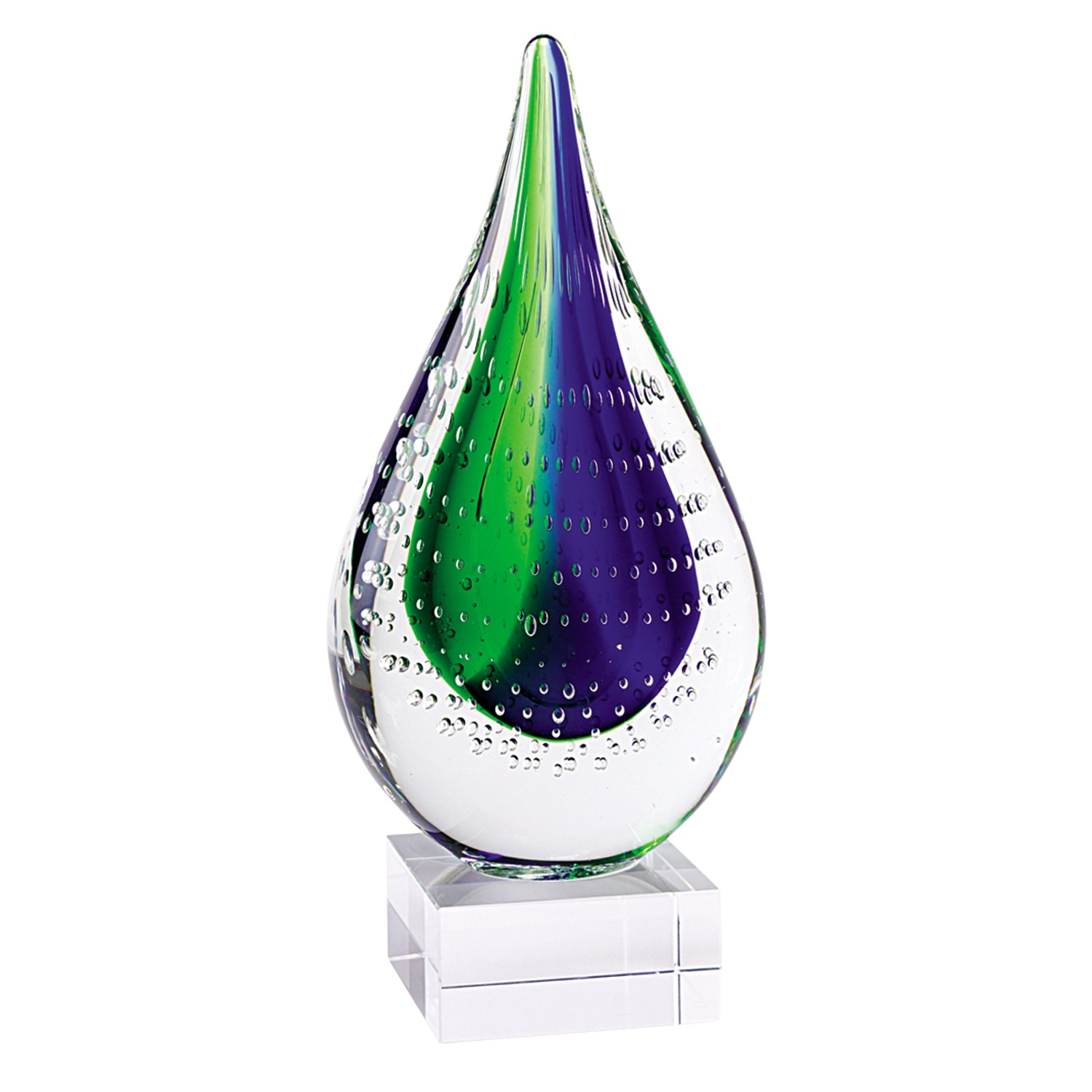 11" Clear Blue and Green Murano Glass Modern Abstract Tabletop Sculpture