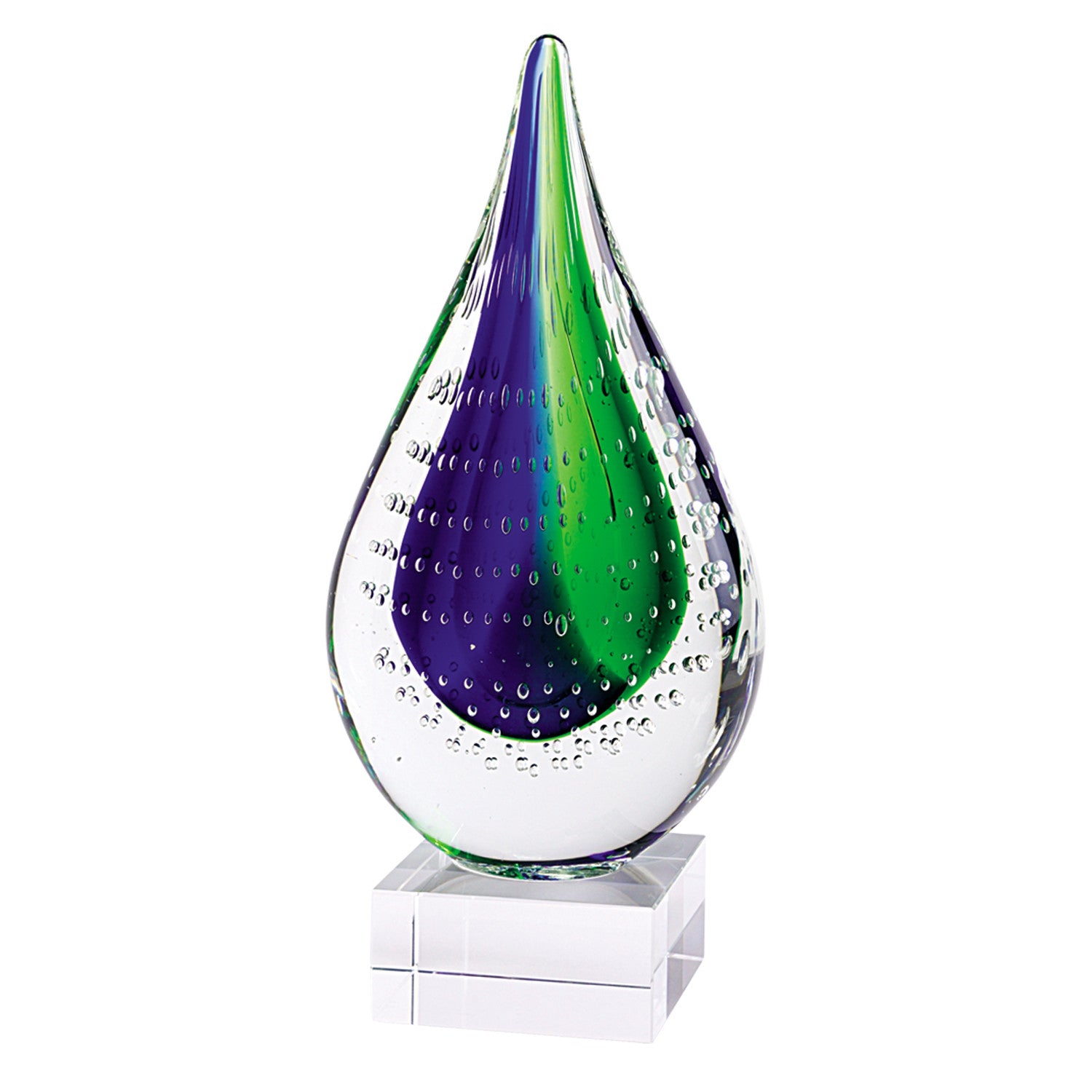 9" Clear Blue and Green Murano Glass Modern Abstract Tabletop Sculpture