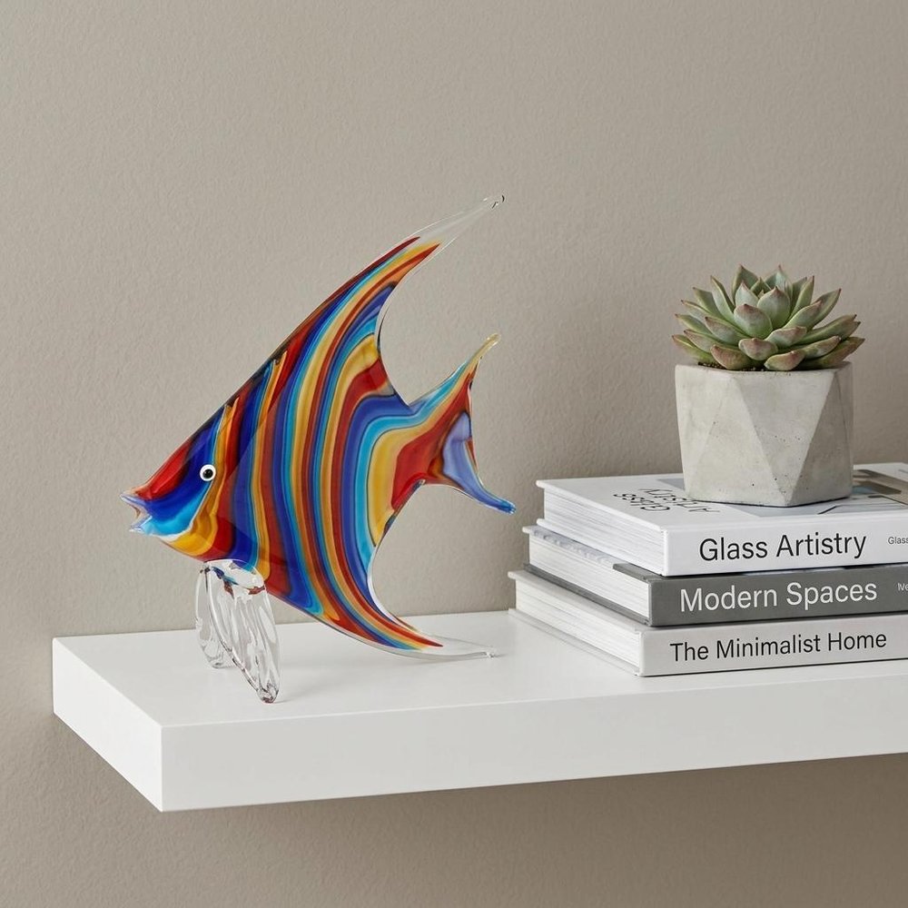 9" Blue and Red Murano Glass Fish Figurine Tabletop Sculpture