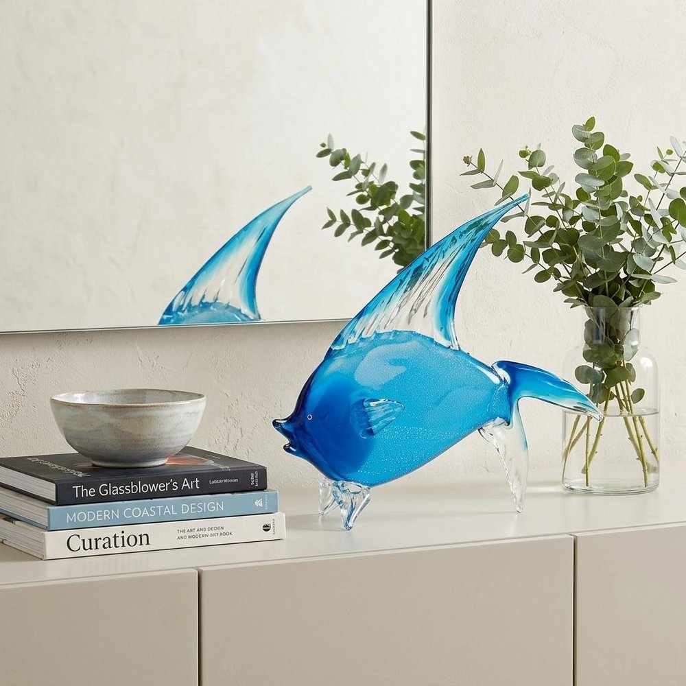 16" Blue Murano Glass Fish Figurine Tabletop Sculpture