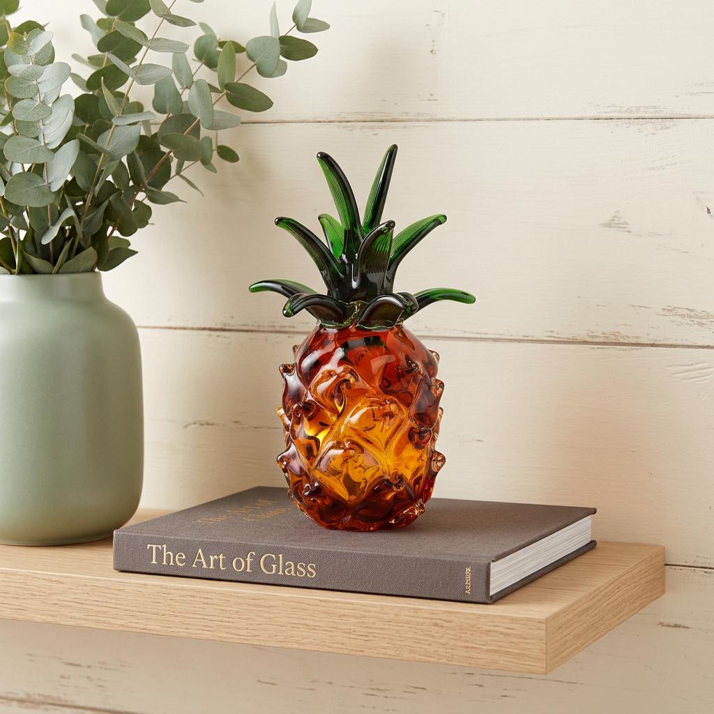 9" Amber And Green Mouth Blown Art Glass Pineapple Sculpture