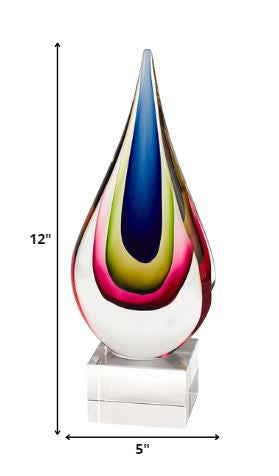 12" Clear Red Blue Yellow Murano Glass Modern Abstract Tabletop Sculpture