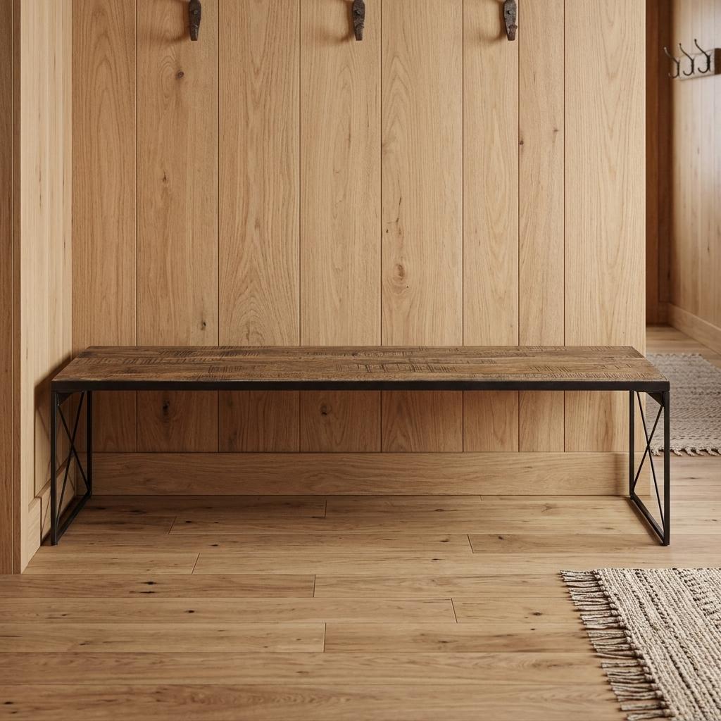 66" Brown And Black Metal and Solid Wood Bench