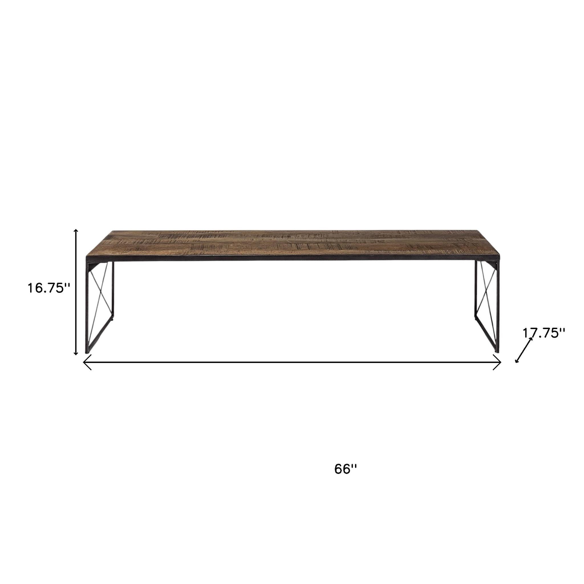 66" Brown And Black Metal and Solid Wood Bench