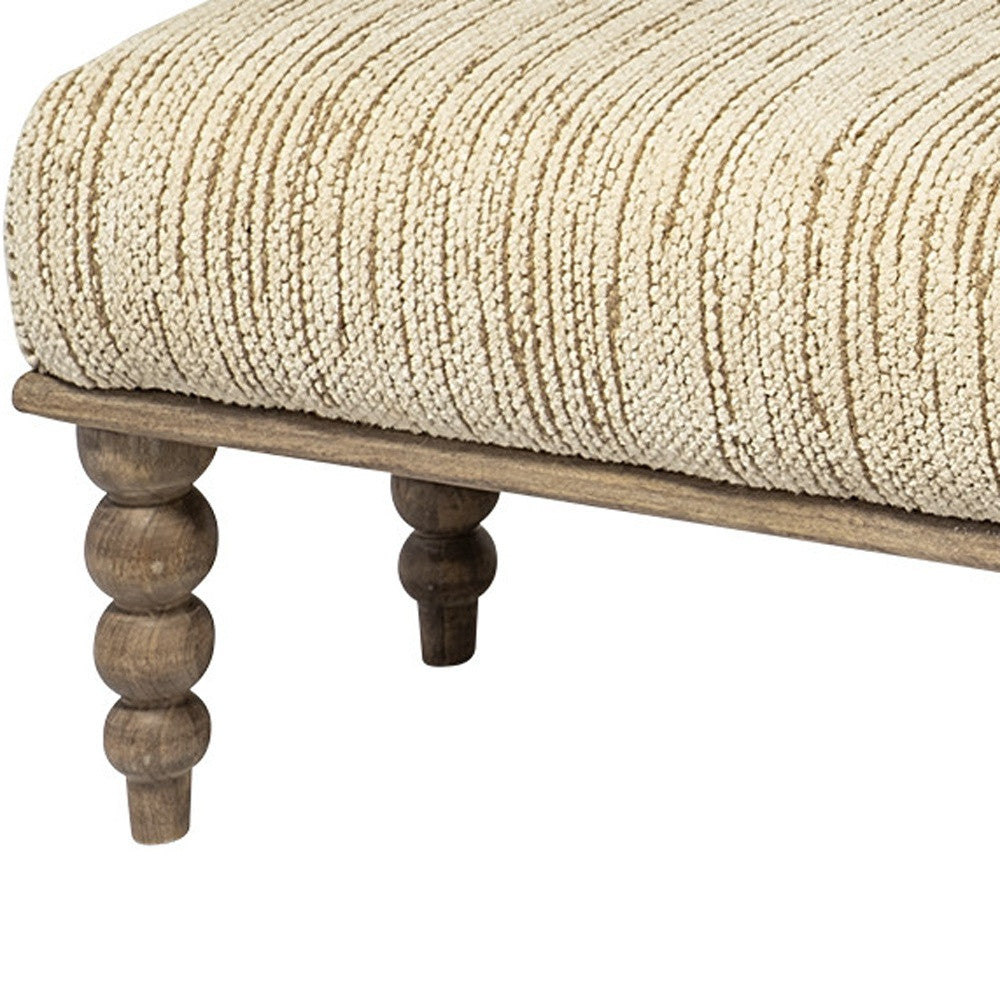 55" Cream and Wood Brown Upholstered Fabric Bench